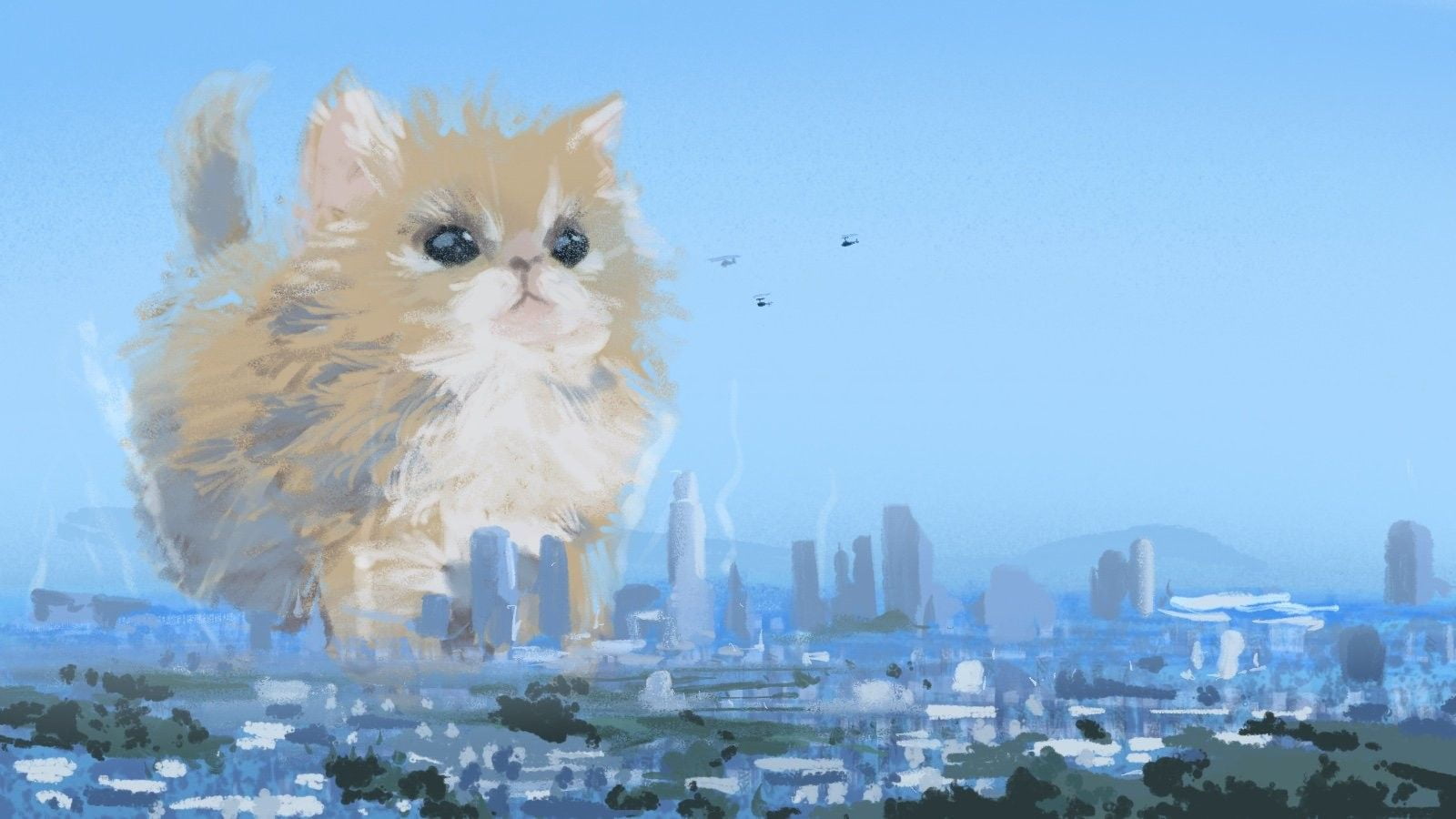 720P, science fiction, drawing, cyan, helicopter, catzilla, cats, HD Wallpaper