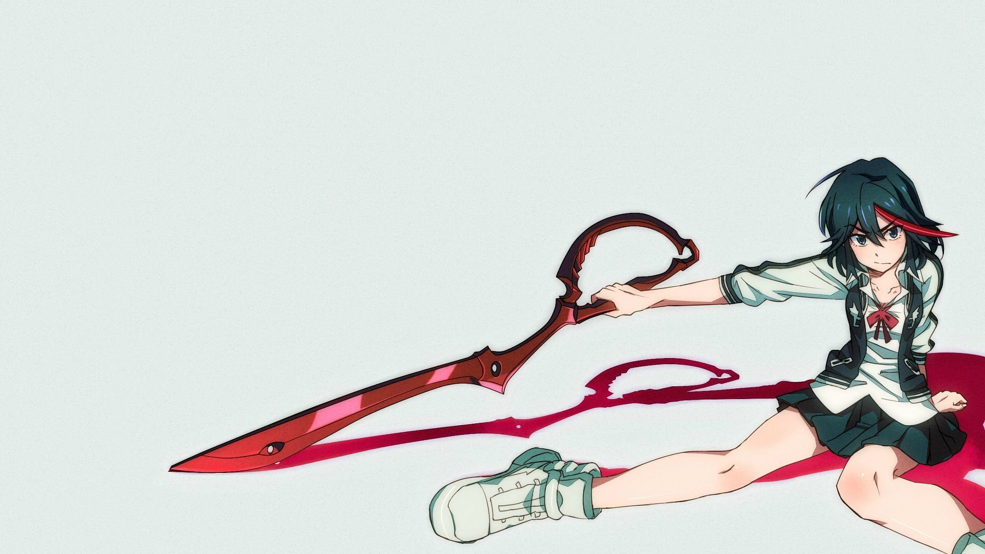 simple background, 1080P, skirt, anime, scissors, anime girls, Matoi Ryuuko, Kill la Kill, black hair, HD Wallpaper