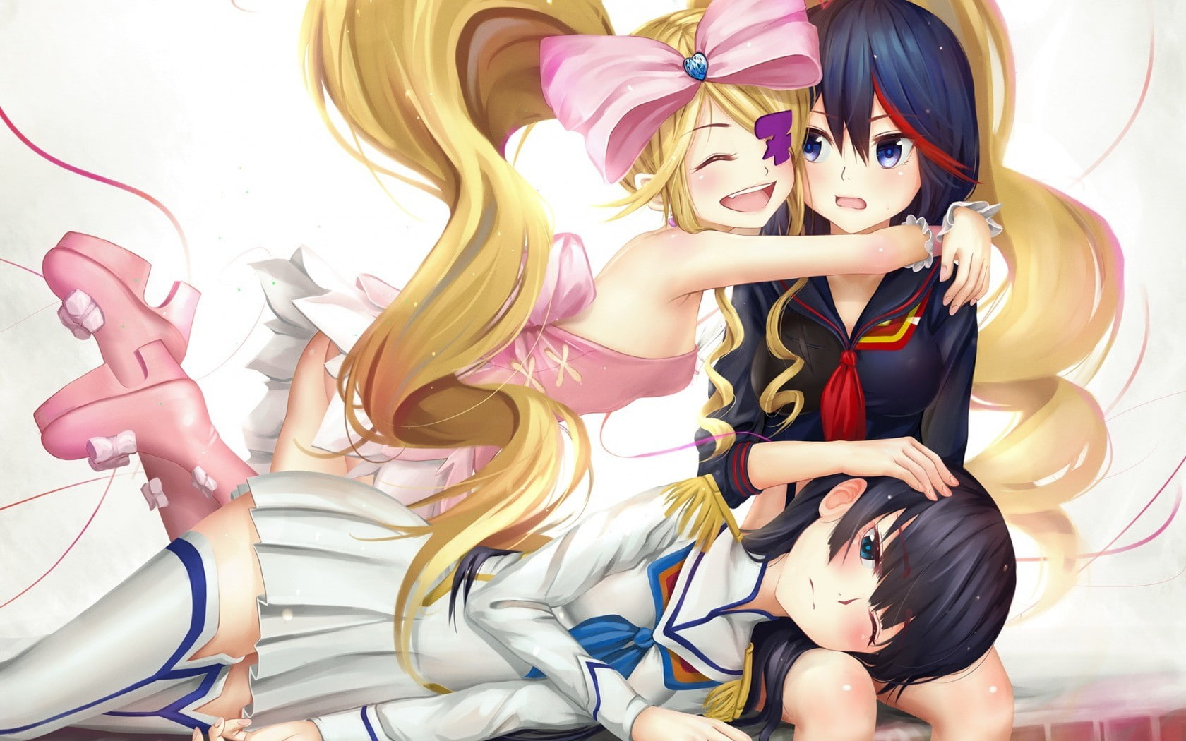 Harime Nui, black hair, smiling, blonde, blue eyes, simple background, anime girls, Kill la Kill, anime, hair ornament, 720P, Matoi Ryuuko, Kiryuin Satsuki, HD Wallpaper