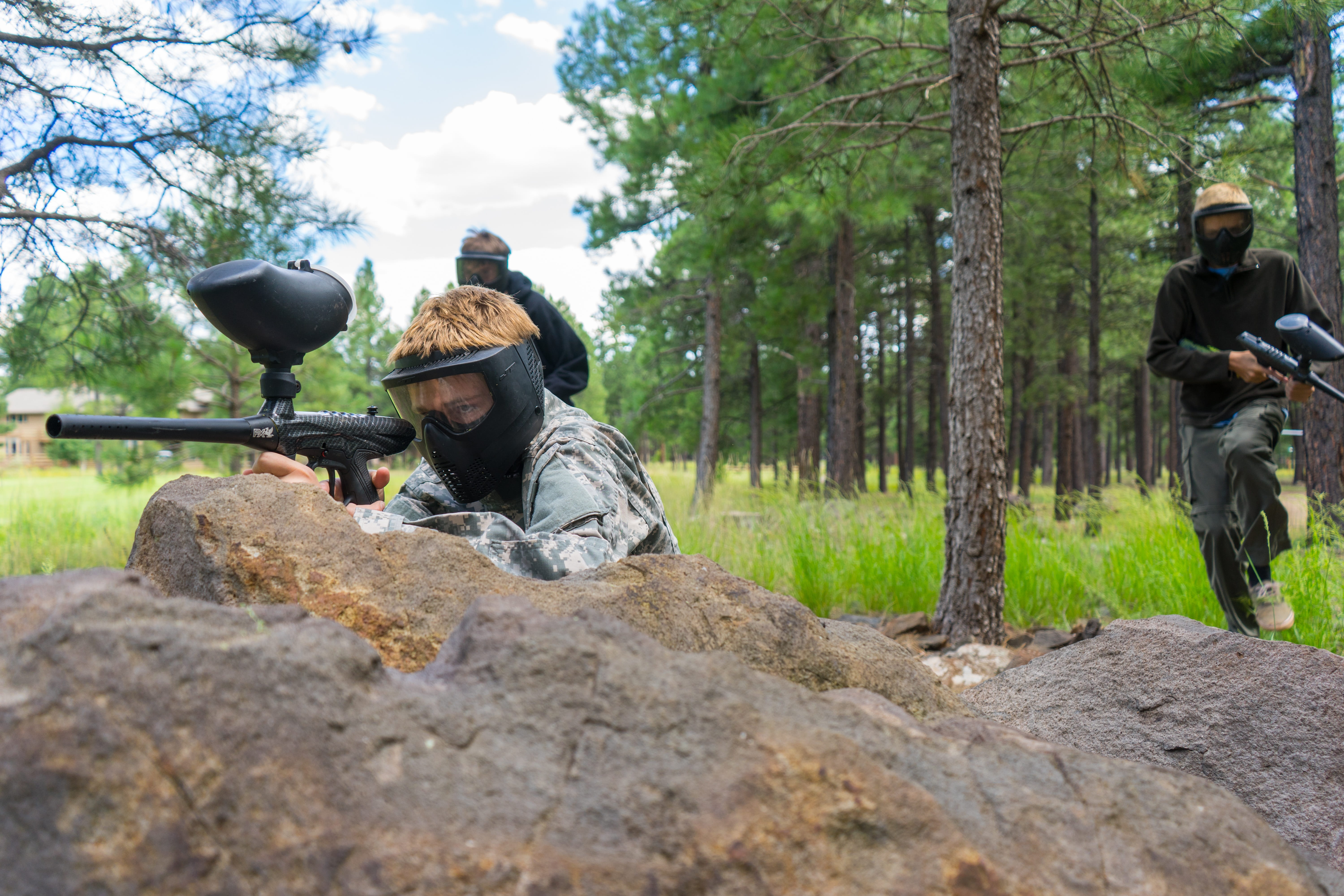 weapon, Game, mask, player, tree, shooting a weapon, gun, land, marker, rifle, nature, hat, plant, mature men, outdoors, Battle, forest, active, real people, HD Wallpaper