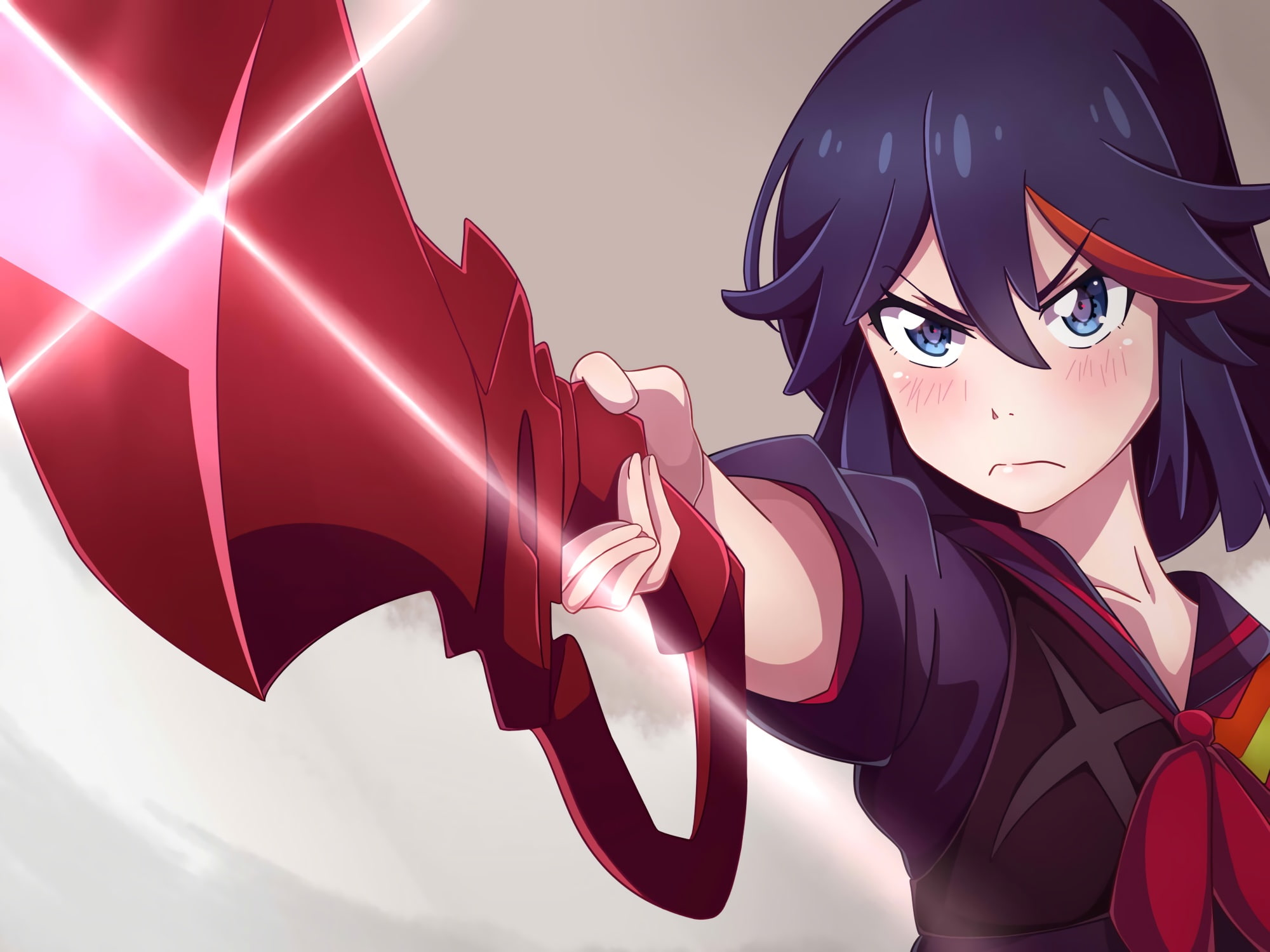 digital composite, creativity, fear, short hair, women, aqua eyes, blushing, studio shot, headshot, Kill la Kill, weapon, superhero, red, indoors, looking away, HD Wallpaper