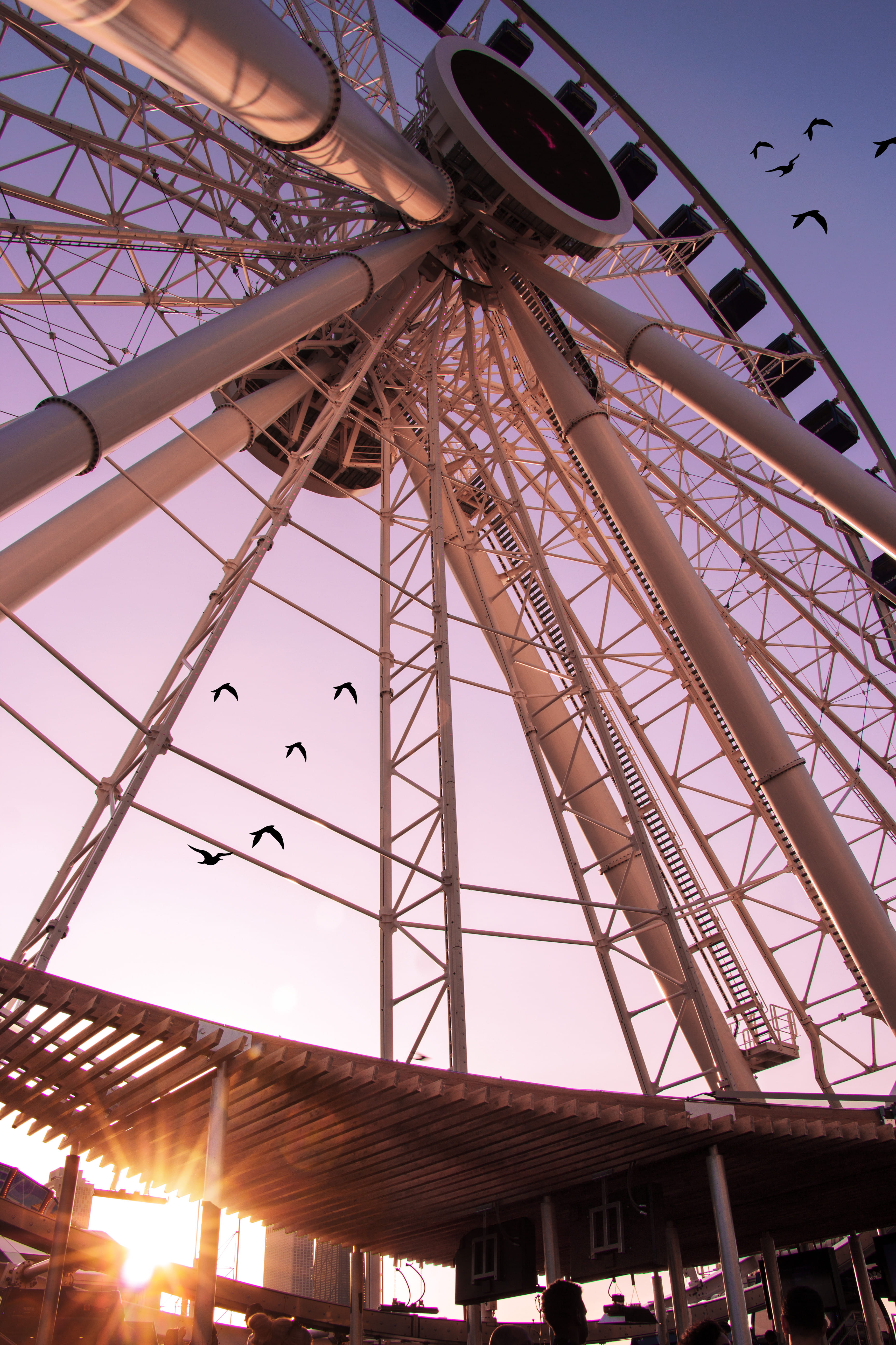 sky, arts culture and entertainment, metal, amusement park, photo, chicago, low angle view, travel, low, outdoors, building exterior, architecture, ferris, Phone HD Wallpaper