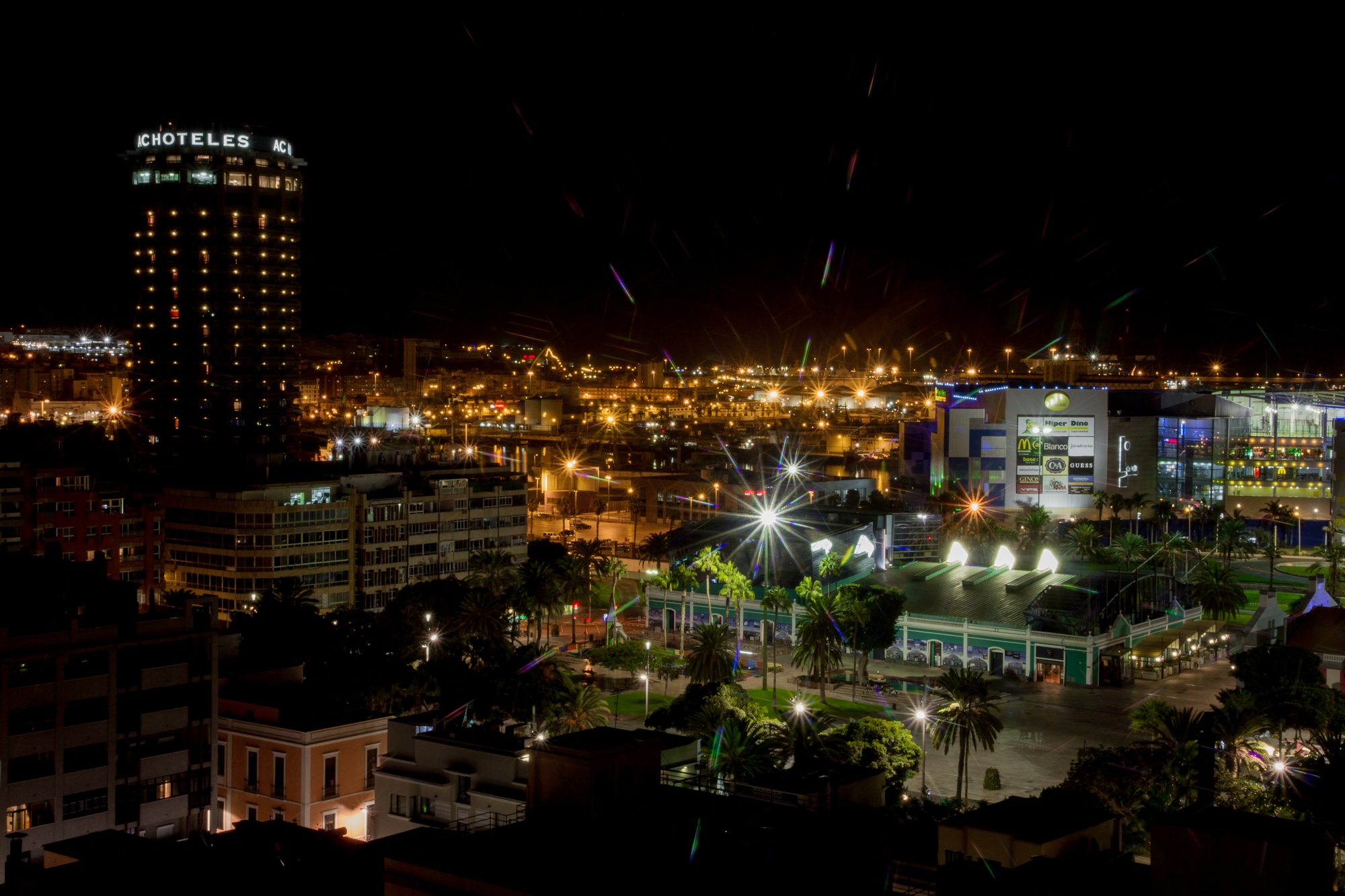 lights, modern, office building exterior, building, illuminated, skyscraper, city life, night, las-palmas, sky, place, busy, high angle view, architecture, HD Wallpaper
