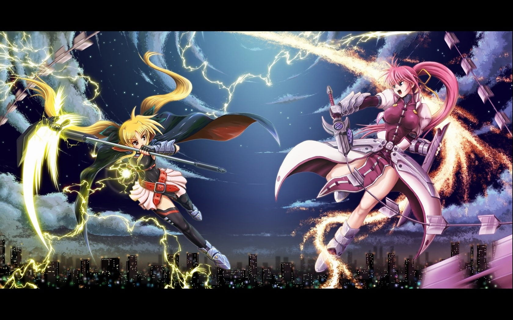 nature, lyrical, lightning, shoujo, cities, night, hd, testarossa, fire, sky, art, fate, x, mahou, 720P, nanoha, Mahou Shoujo Lyrical Nanoha, HD Wallpaper