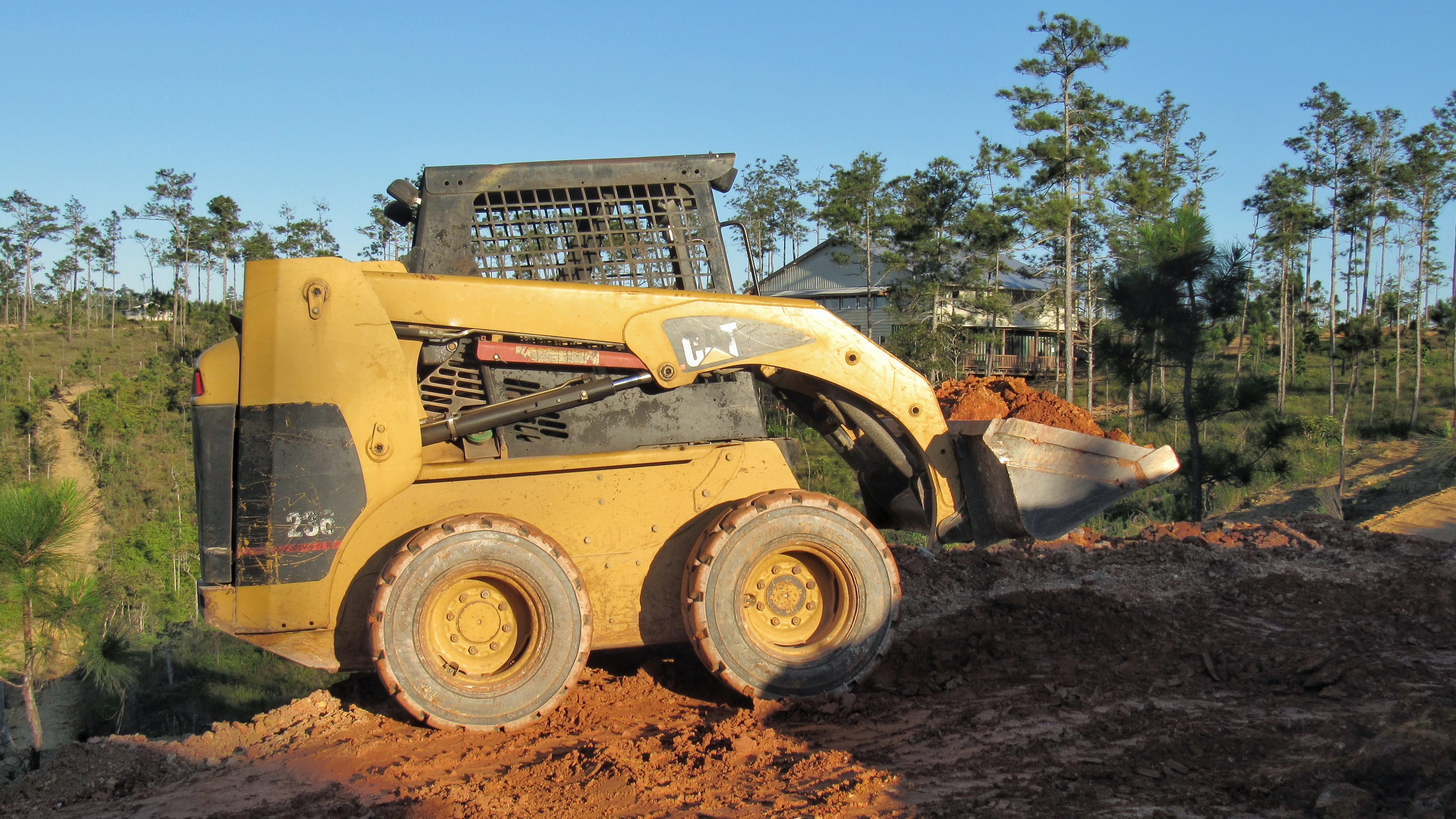 bulldozer, industrial, work, soil, earth mover, road construction, construction site, bucket, construction equipment, tree, construction, house, 4K, nature, HD Wallpaper
