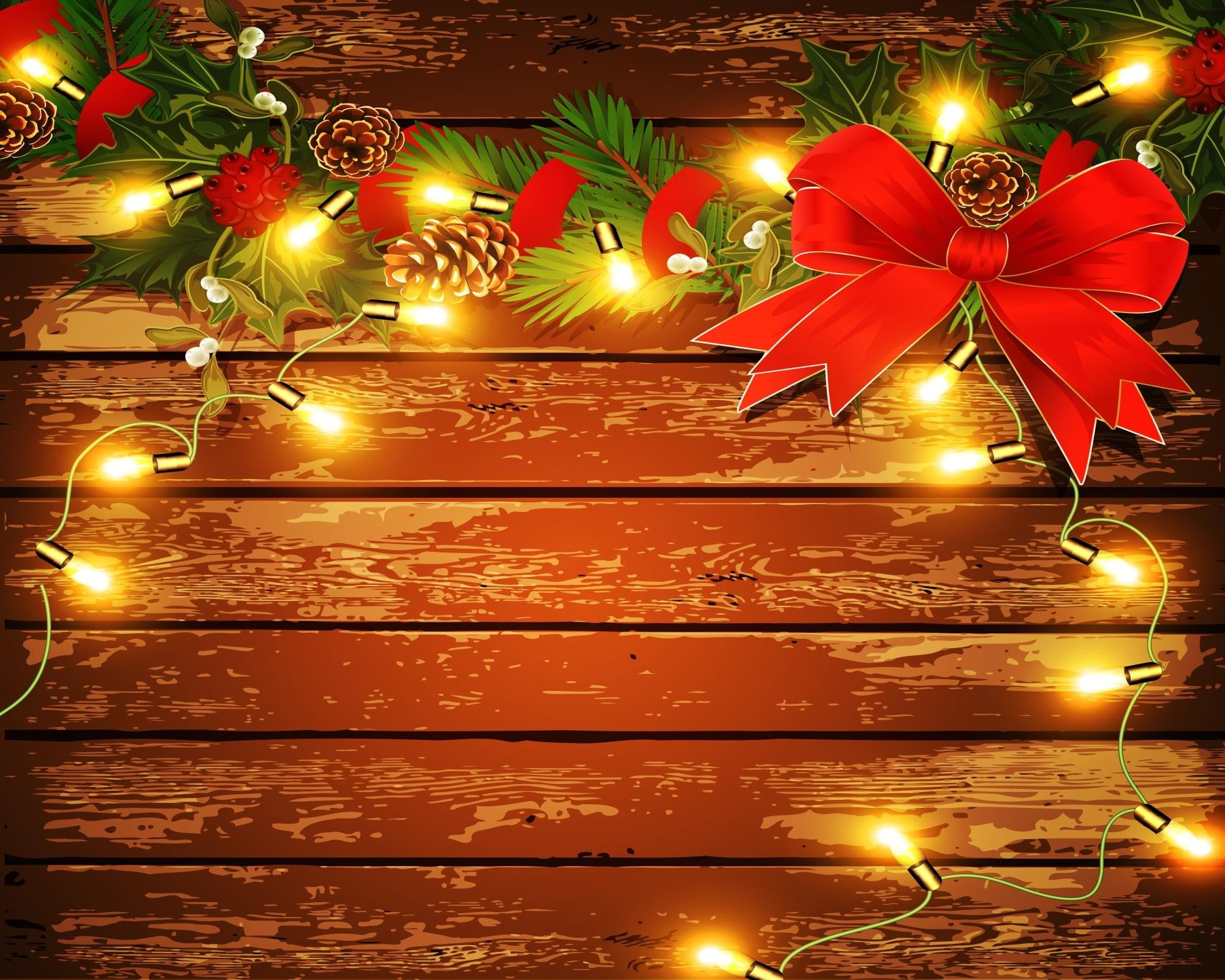 new year, new, lovely, pine, year, 1080P, decorations, bows, light bulb, needles, holidays, festival, seasons, celebrations, HD Wallpaper