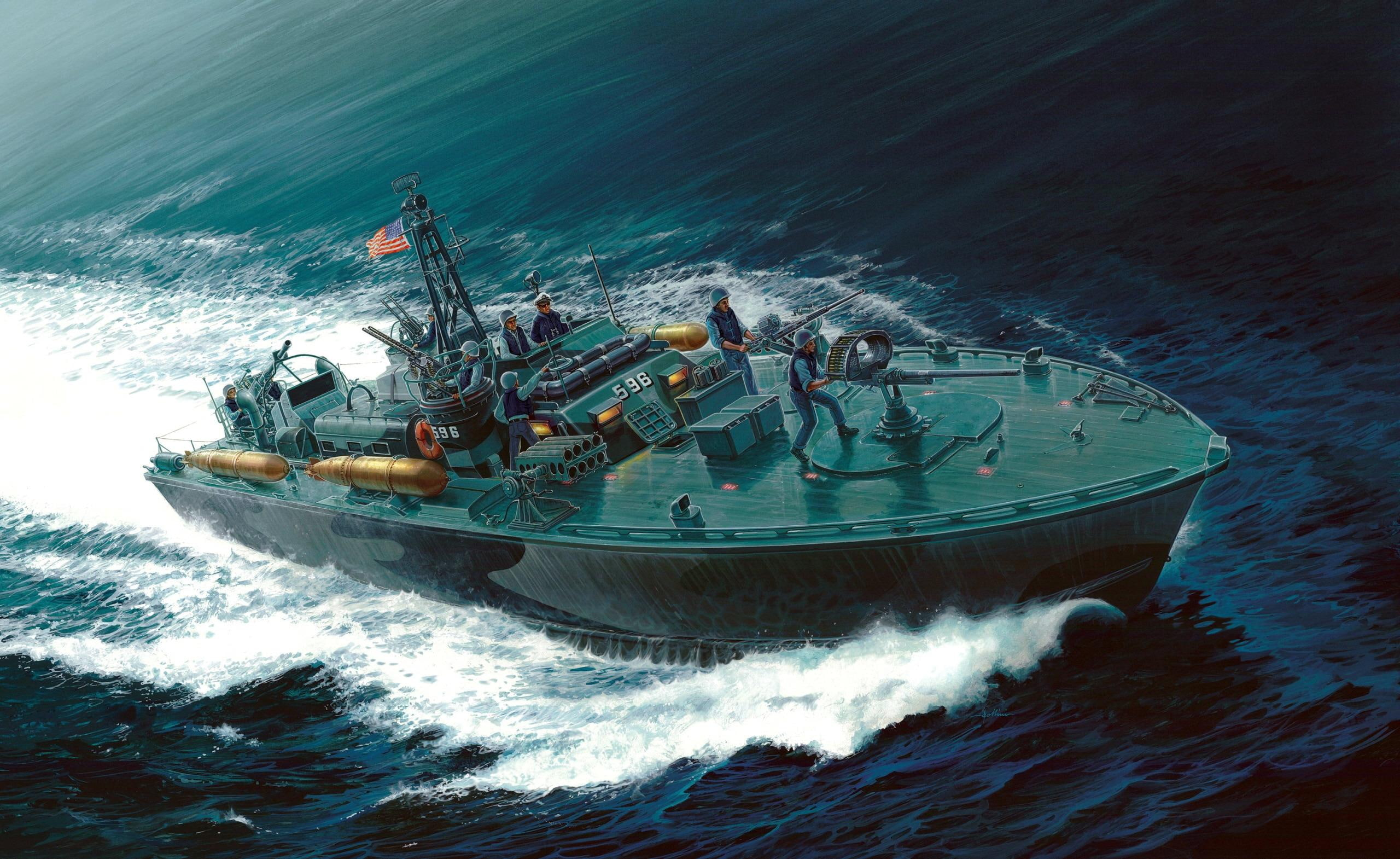 water, boat, ocean, military, foot, pt, torpedo, elco, drawing, navy, 2K, ship, pt596, HD Wallpaper