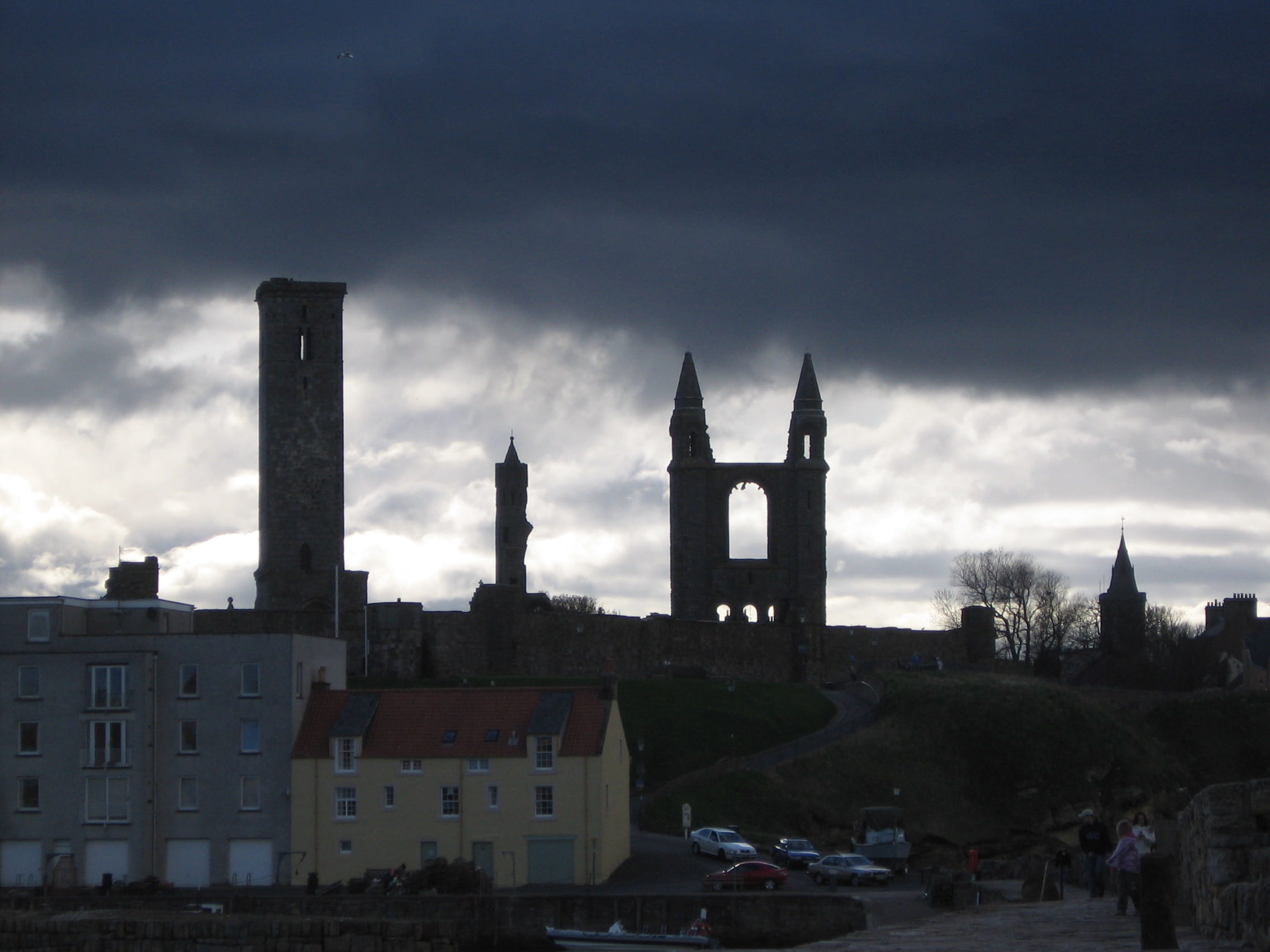 1080P, religion, scotland, building, cathedral, tall - high, sky, united kingdom, ruins, building exterior, travel destinations, rain clouds, dusk, st andrews, HD Wallpaper