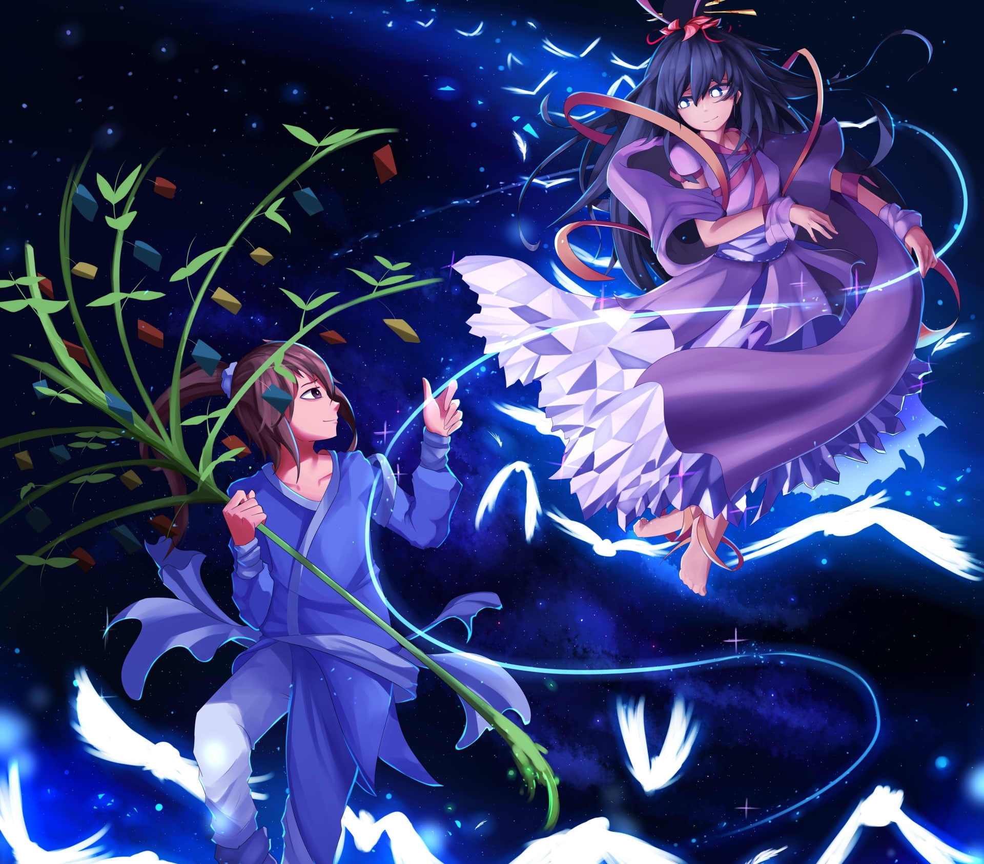 Brown Hair, Original, Tanabata, Girl, Brown Eyes, 1080P, Blue Hair, Anime, Blue Eyes, HD Wallpaper