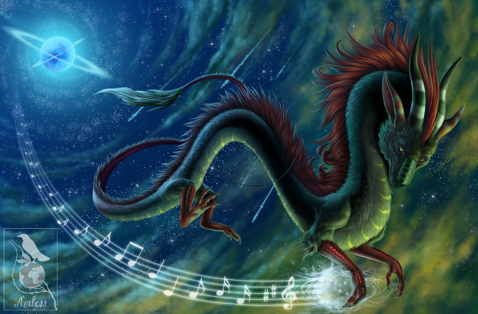 decoration, fantasy, glowing, vertebrate, invertebrate, backgrounds, galaxy, marine, space, blue, swimming, dragon, computer Graphic, notes, no people, HD Wallpaper