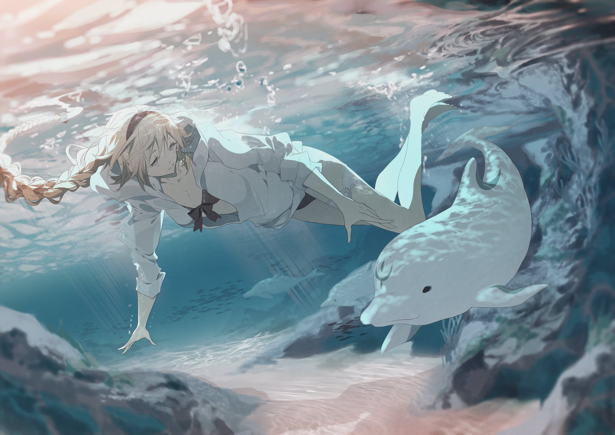 dolphin, smiling, 1080P, underwater, jacket, coral reef, bubbles, Fate/Grand Order, Jeanne dArc, hair band, braided hair, water, swimming, HD Wallpaper