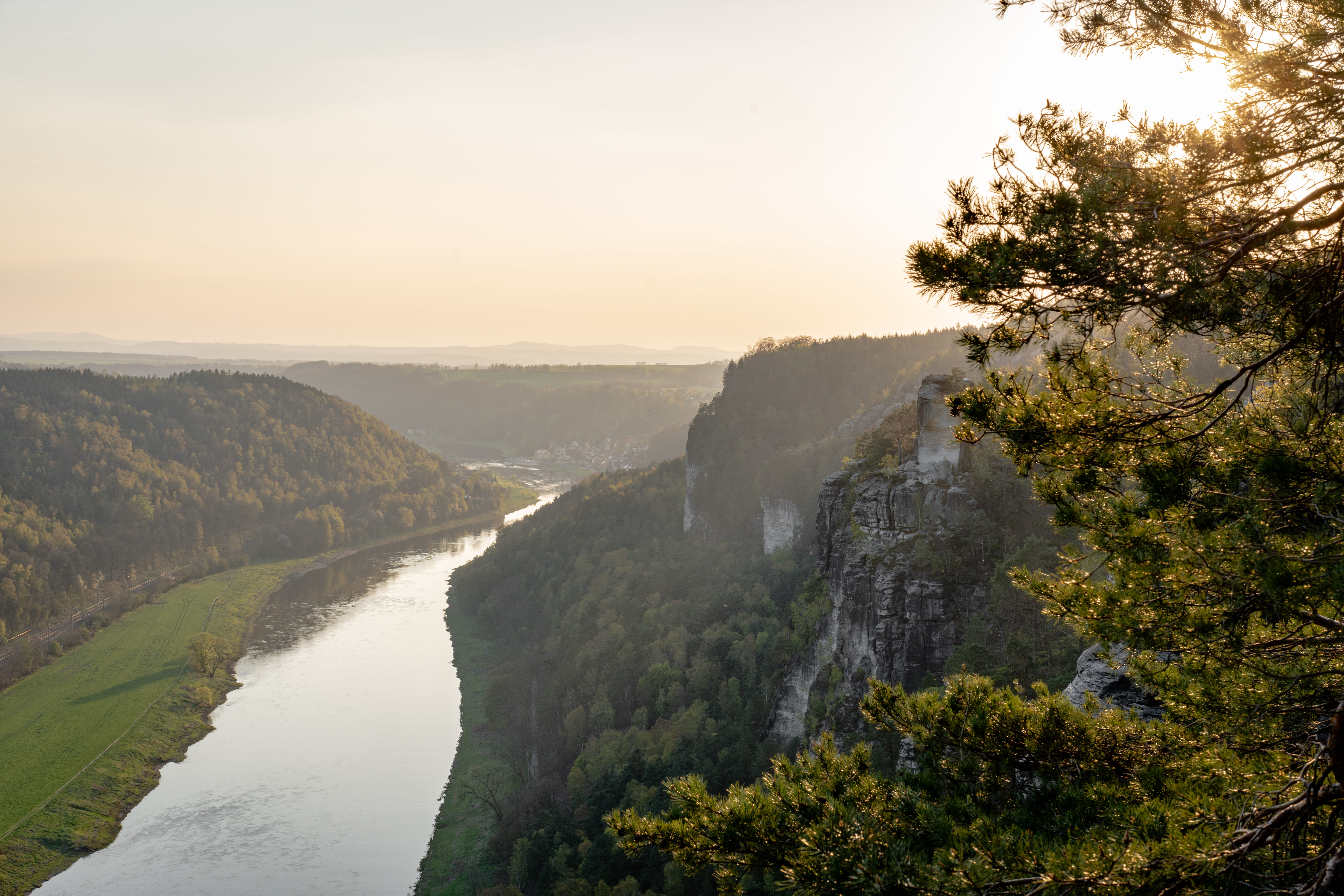canal, landscape, sky, growth, nature, environment, water, saxon switzerland, flare, land, light, germany, day, ditch, sunset, sundown, tranquility, river, HD Wallpaper