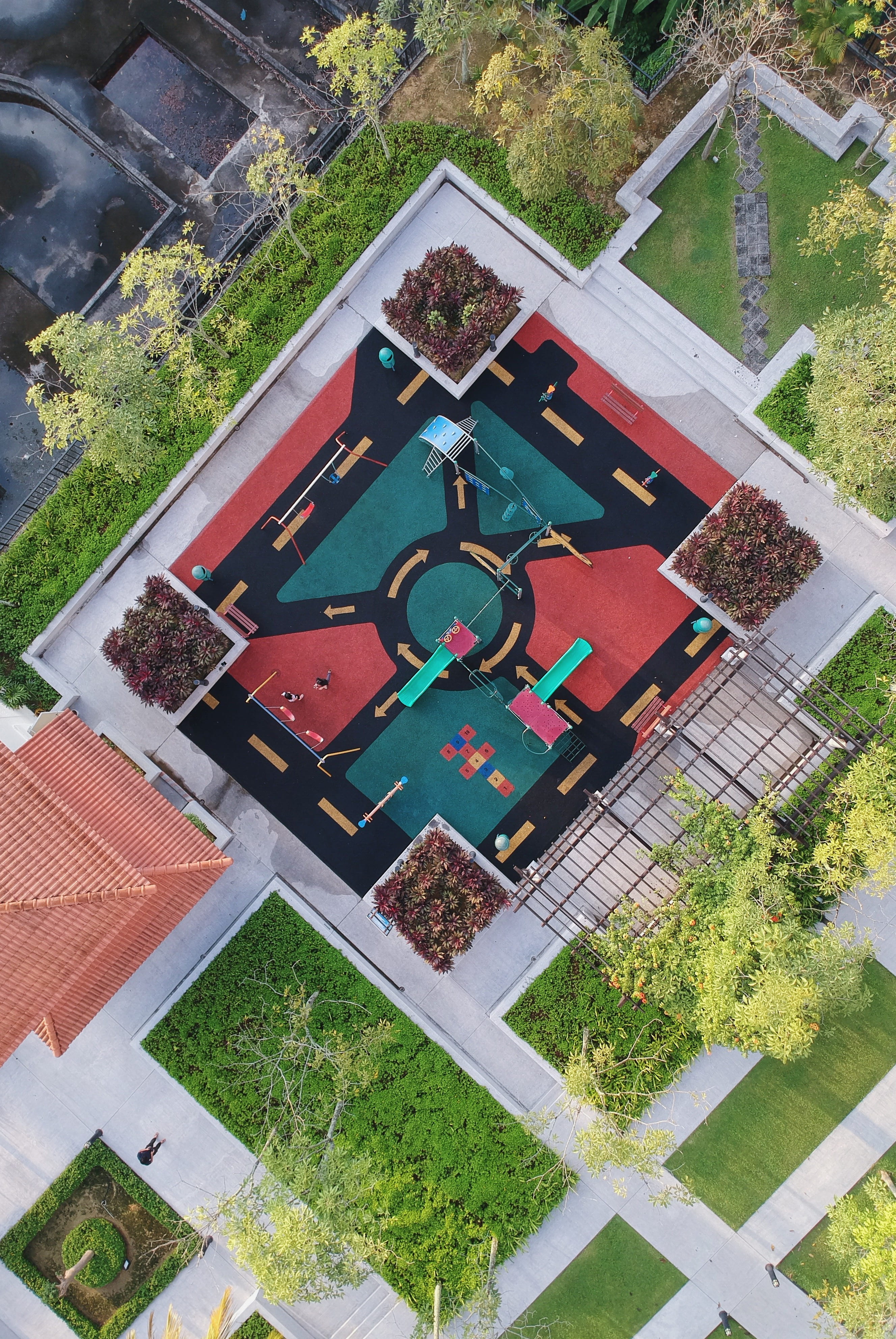 built structure, spirituality, 4K, no people, high angle view, aerial, red, growth, drone, eye, plant, photography, architecture, color, day, playground, Phone HD Wallpaper