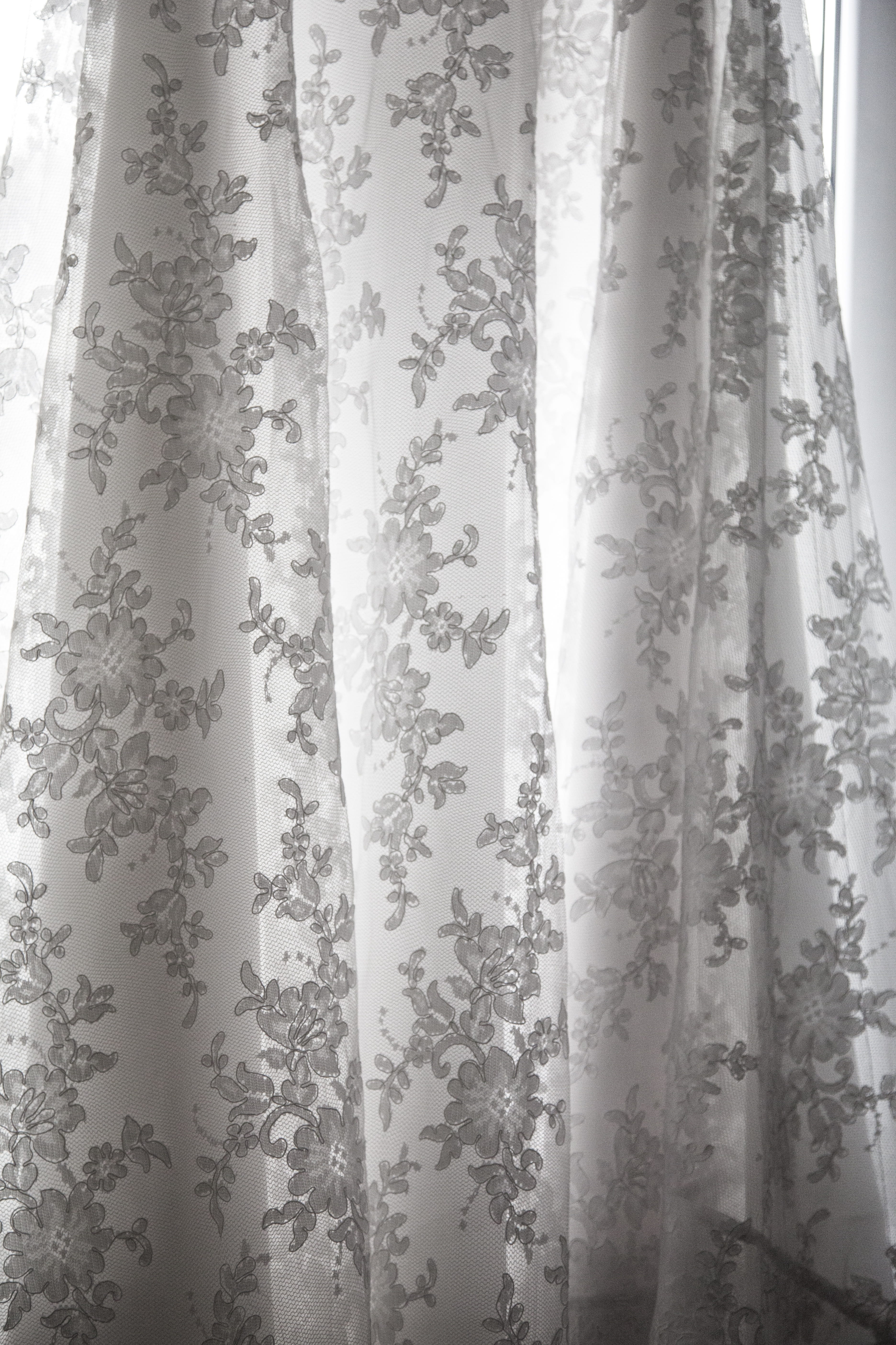 pattern, close-up, lace - textile, floral pattern, no people, Wedding Dress, curtain, elegance, window, hanging, clothing, backgrounds, whites, indoors, Phone HD Wallpaper