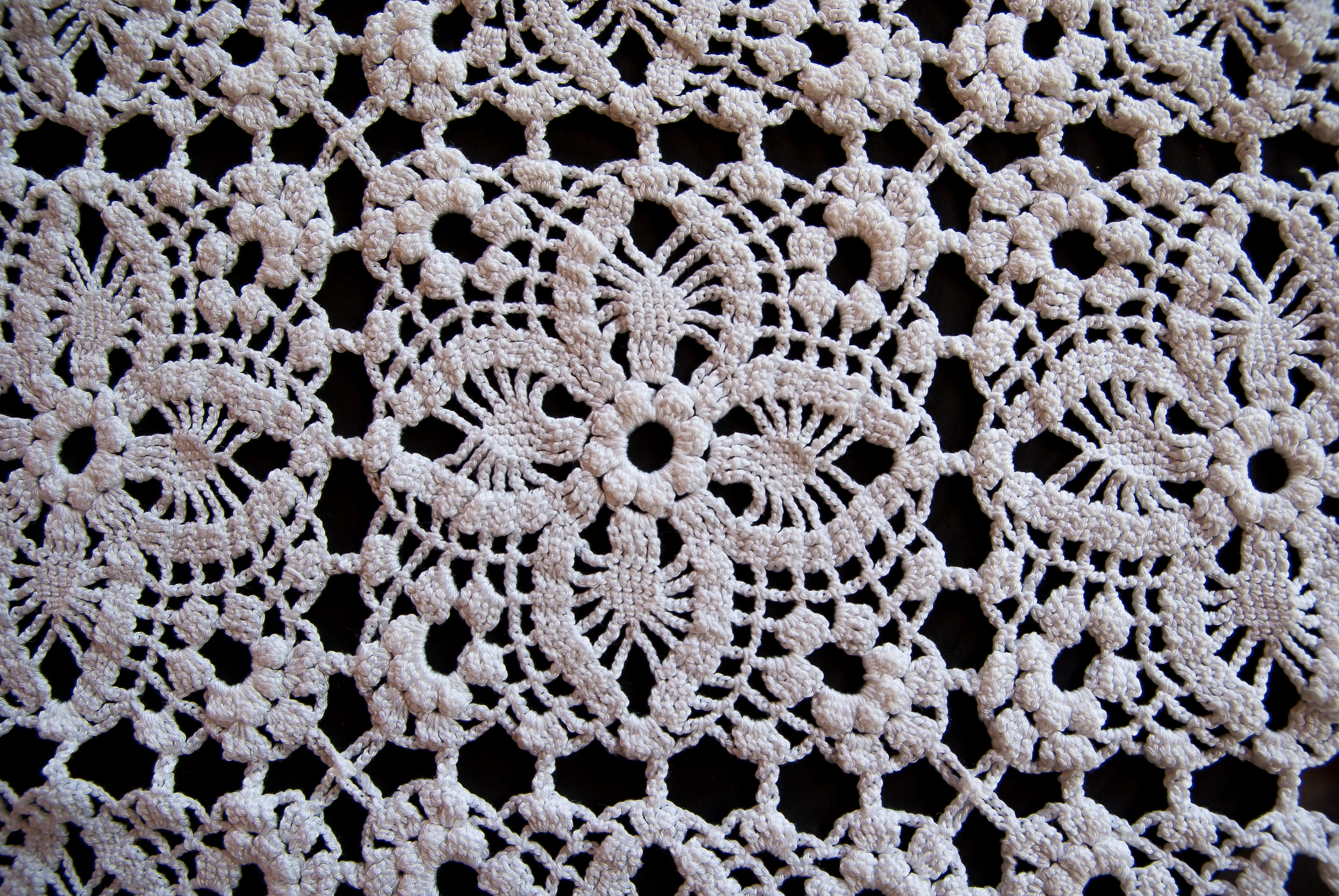 art and craft, floral, Embroidery, white, textured, backgrounds, creativity, floral pattern, knit, white color, crochet, black, repetition, textile, indoors, HD Wallpaper