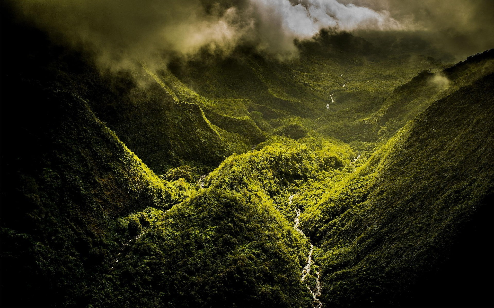island, aerial view, Hawaii, clouds, landscape, nature, valley, green, forest, mountains, 1080P, river, mist, HD Wallpaper