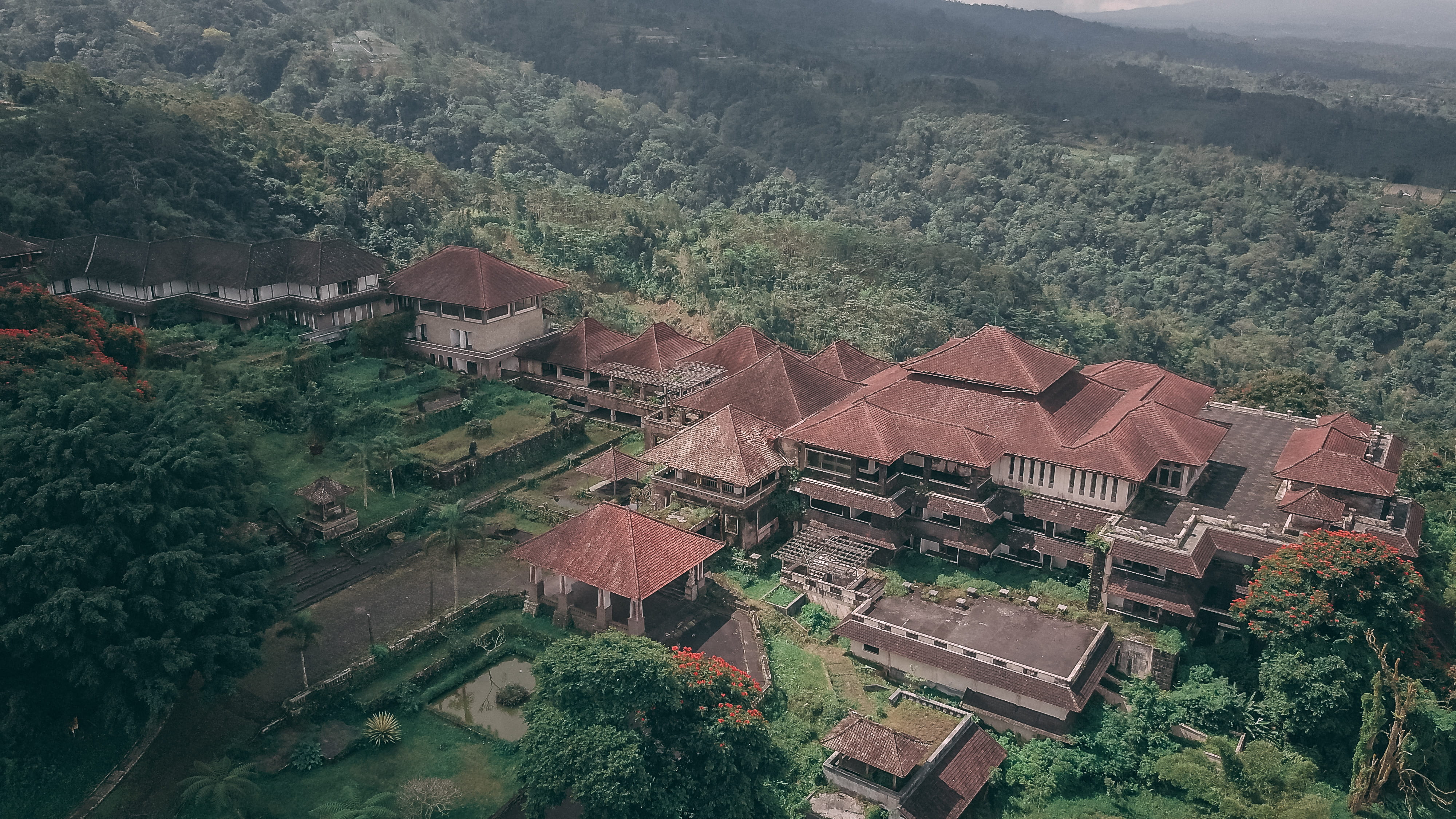 indonesia, ghost palace, drone, tree, landscape, outdoors, architecture, building exterior, tranquil scene, green color, scenics - nature, roof, bali, day, HD Wallpaper