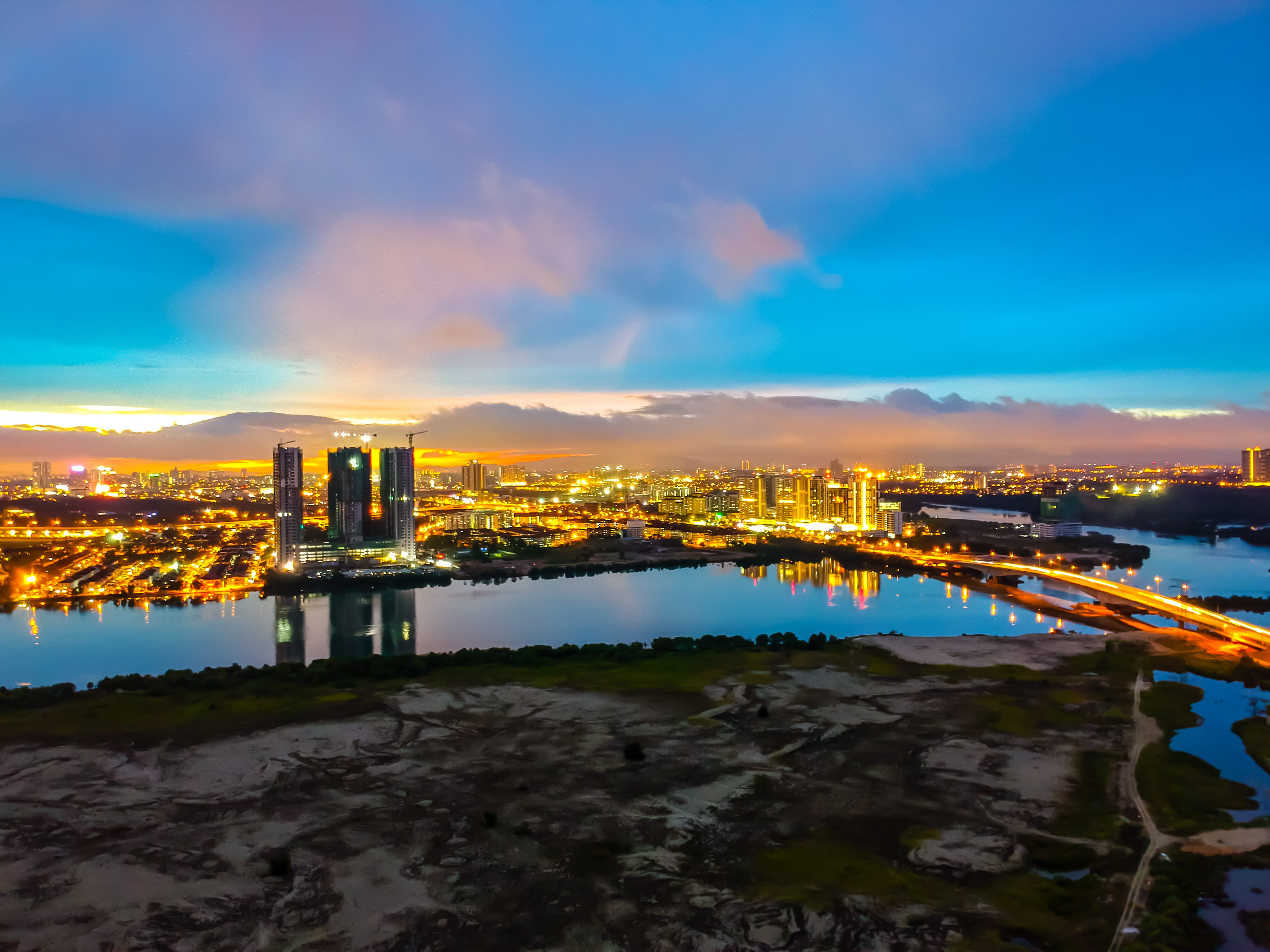 4K, building exterior, phantom4, built structure, reflection, bay, drones, phantom, modern, water, no people, drone, night, skyscraper, dronephotog, city, HD Wallpaper