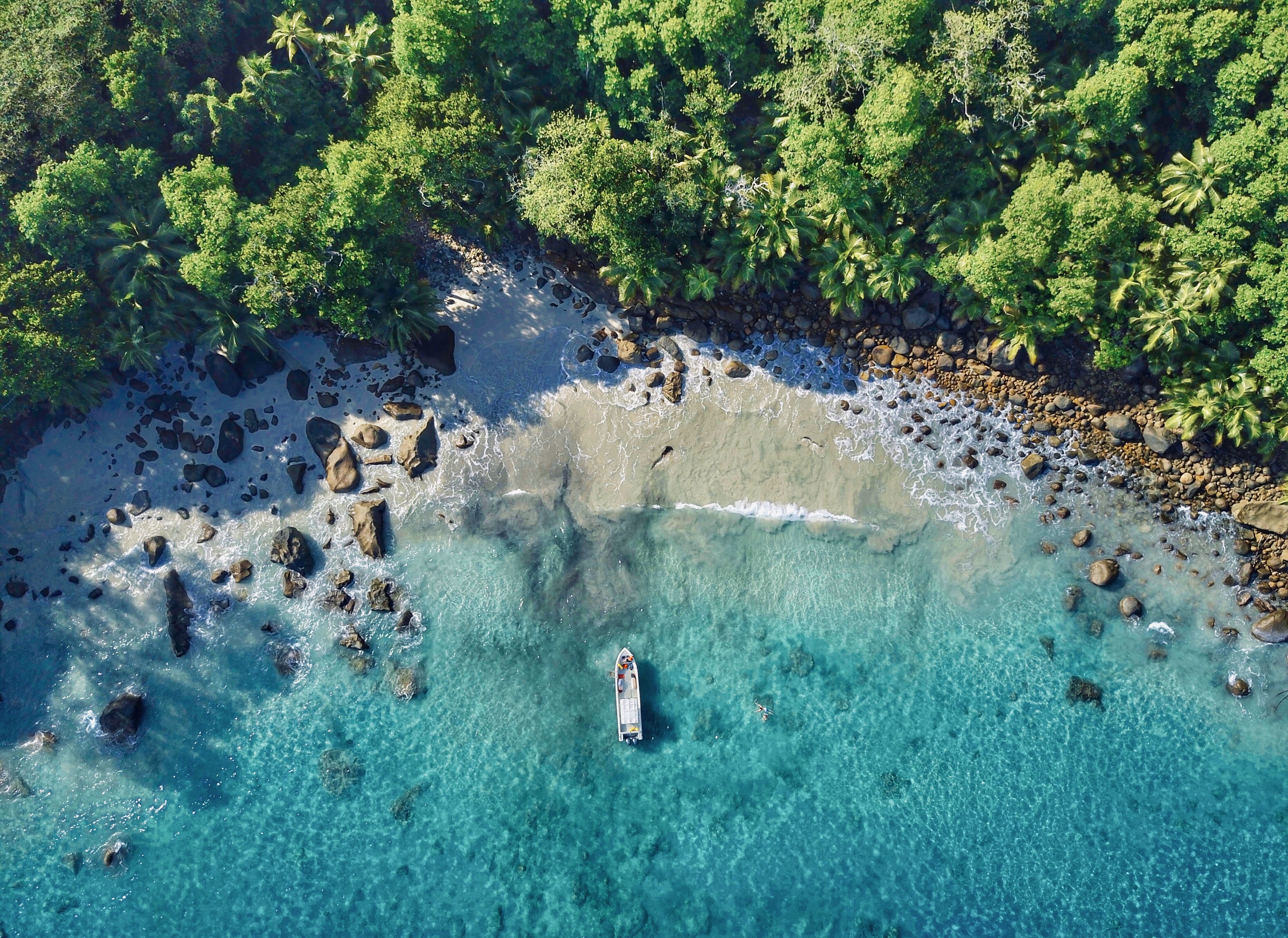 scenics - nature, 4K, body, pool, turquoise colored, mavicpro, tree, no people, sea, photography, summer, plant, aerial, seychelles, green color, nature, HD Wallpaper