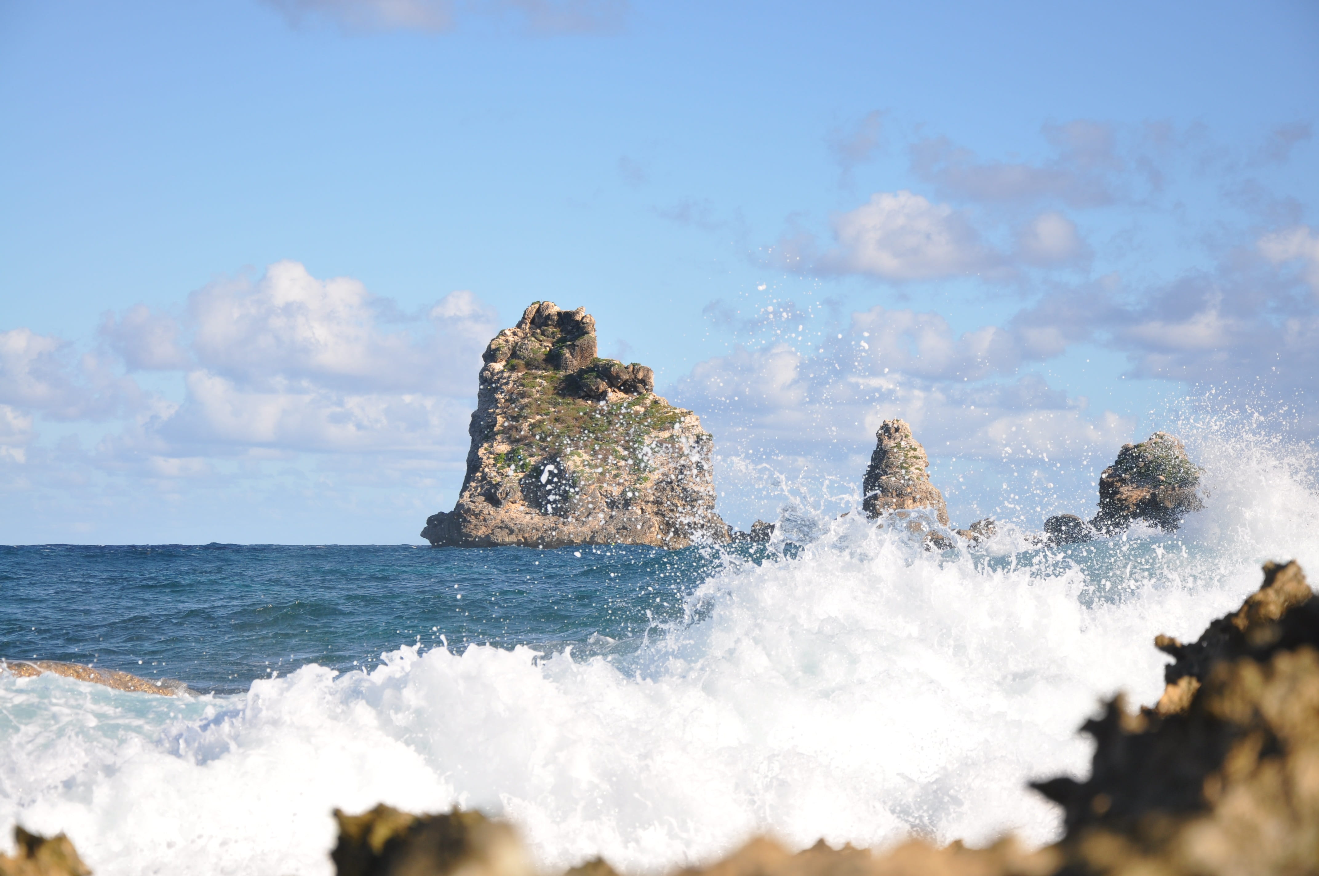 beach, horizon over water, day, solid, guadeloupe, wave, sky, body of water, travel, sport, 4K, beauty in nature, rock - object, motion, rock formation, HD Wallpaper