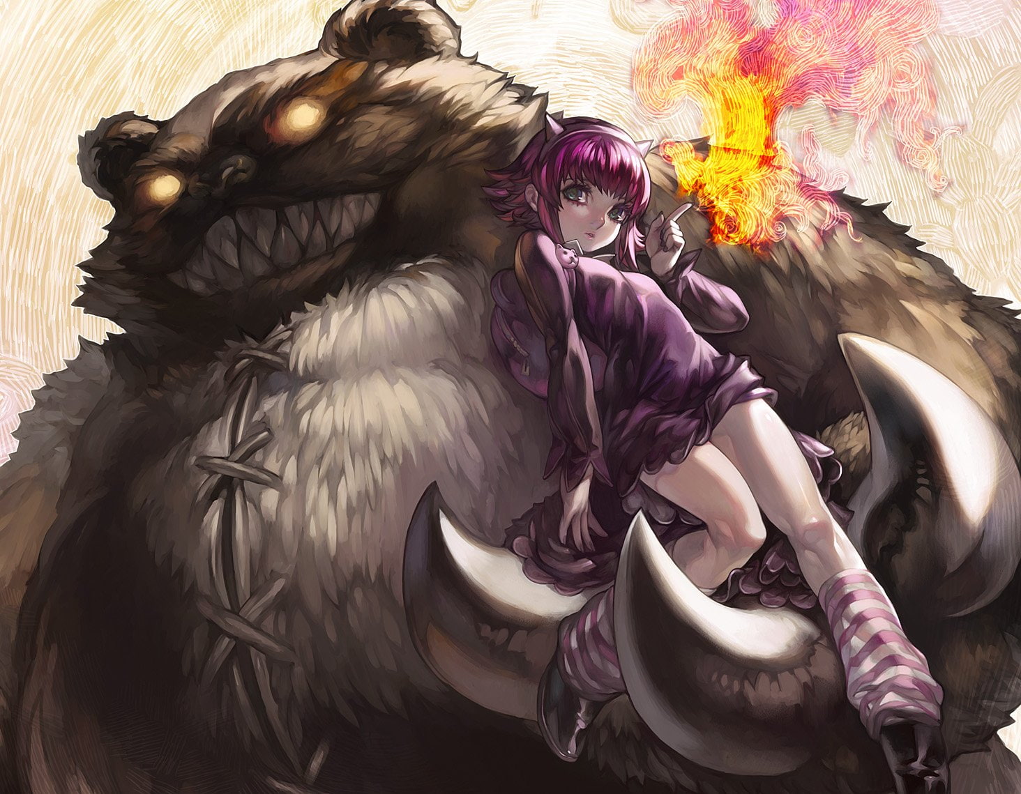 annie, omegaboost, hastur, short, kneehighs, green, legends, eyes, 720P, aoin, fire, league, pink, headband, hair, HD Wallpaper