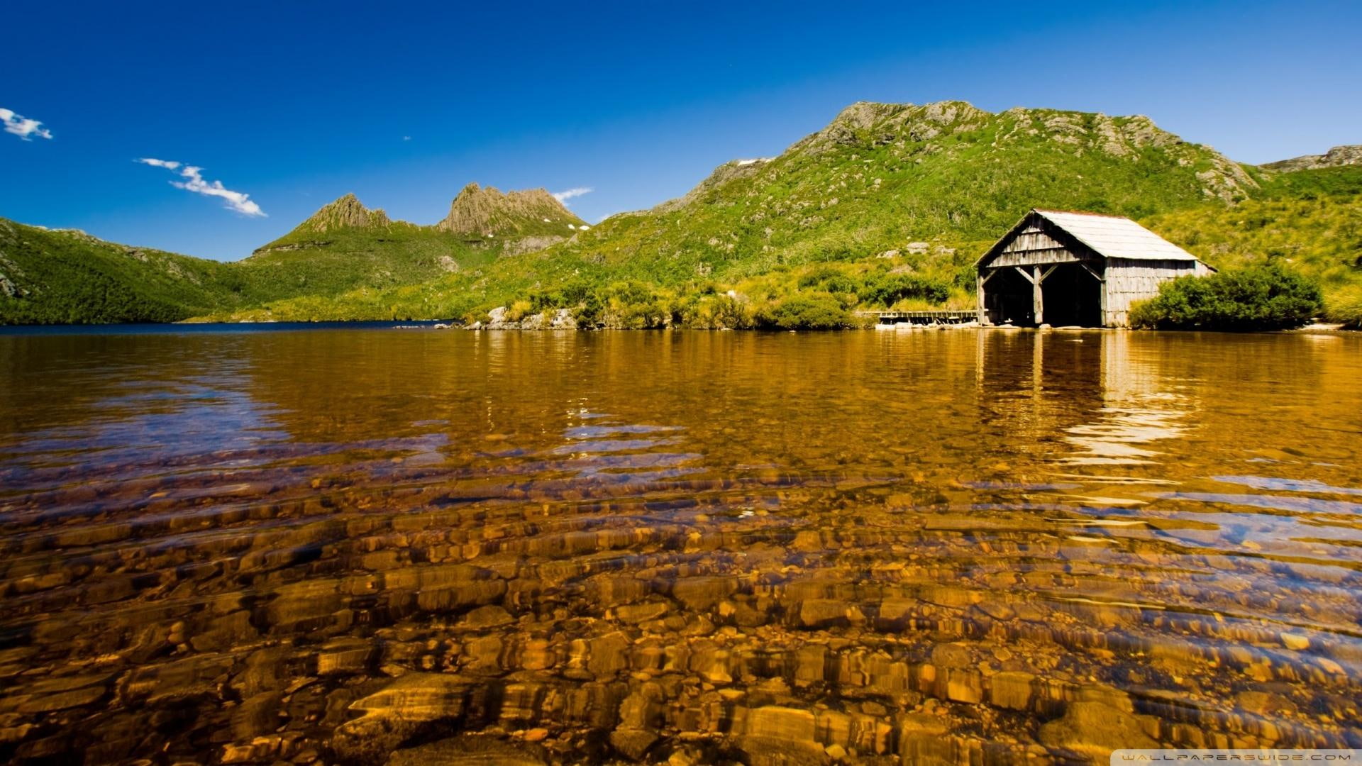 nature and landscapes, 1080P, lake, boat house, clear, rocky bottom, crystal, HD Wallpaper