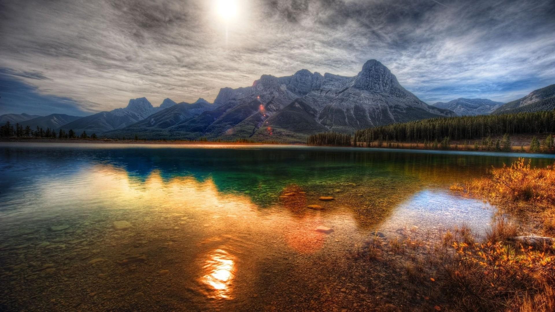lake, sun, coast, clouds, sky, scenery, landscape, crystal clear, silence, mountains, 1080P, HD Wallpaper