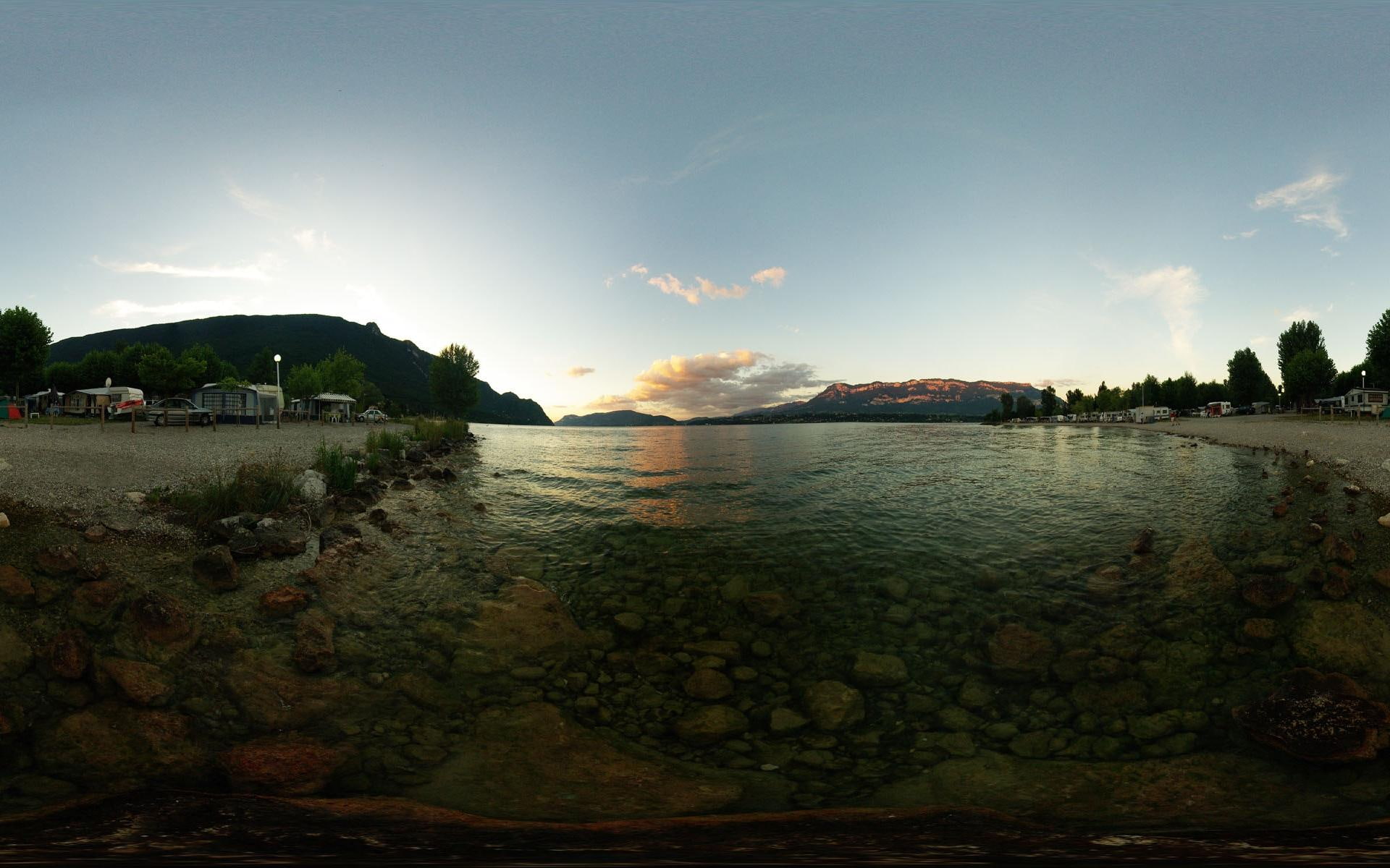 camp, stones, 1080P, clear, houses, cars, bay, sunset, 3d and abstract, crystal, trees, HD Wallpaper