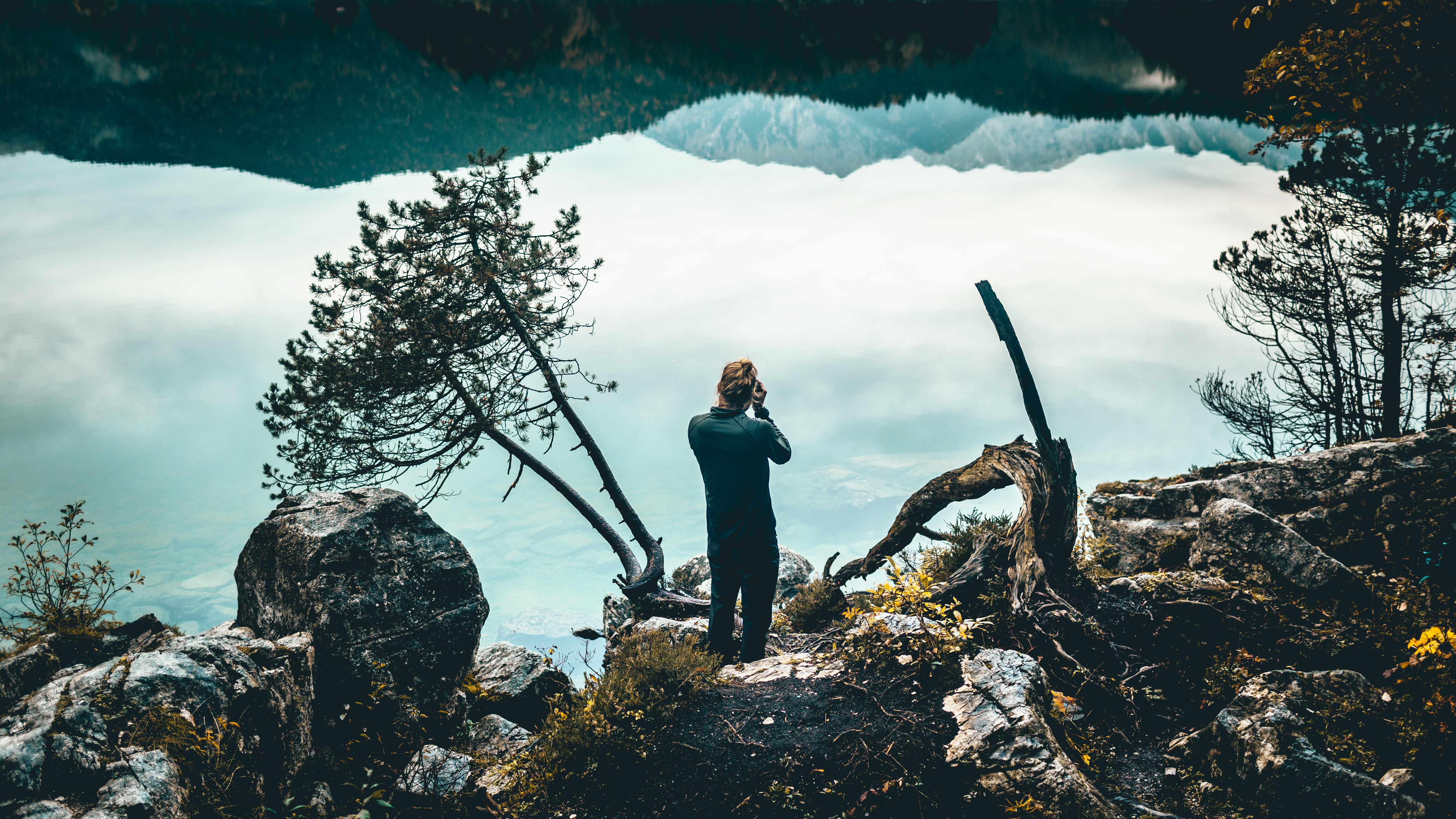 reflect, nature, photo, taking, spigel, standing, solid, tree, person, beauty in nature, rock, cloud - sky, rock - object, man, winter, adult, one person, HD Wallpaper