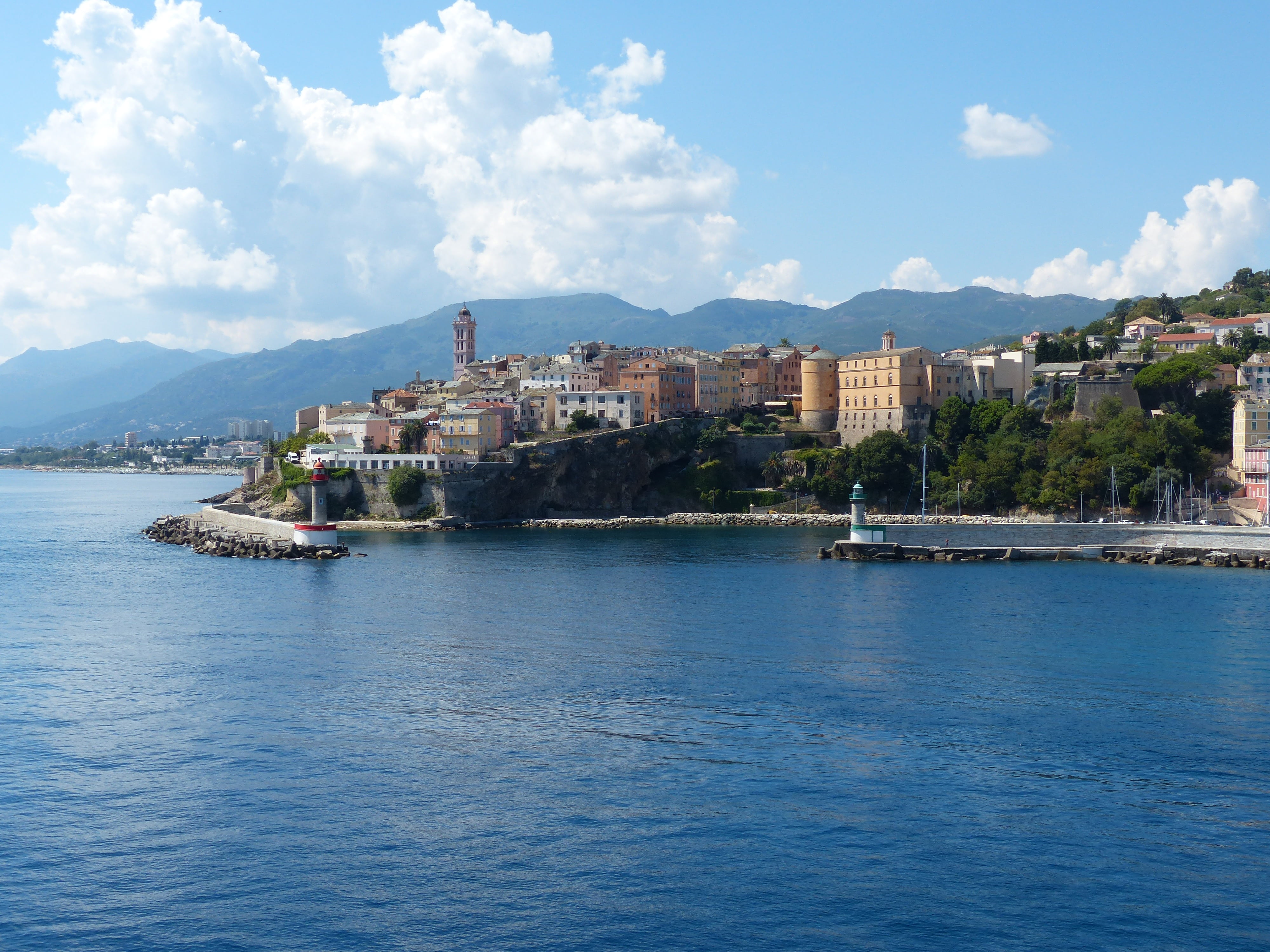 cloud - sky, mountain, blue, mediterranean, island, travel destinations, corsica, beach, harbour entrance, buildings, no people, transportation, architecture, HD Wallpaper