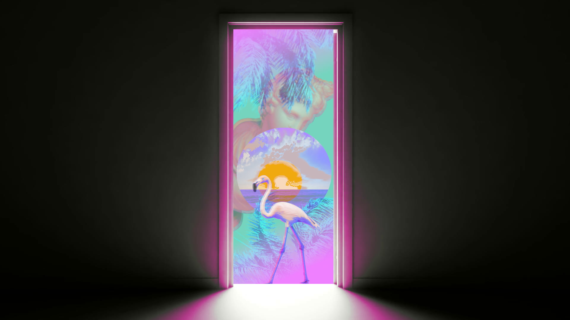 flamingos, artwork, Retrowave, 1080P, door, vaporwave, HD Wallpaper