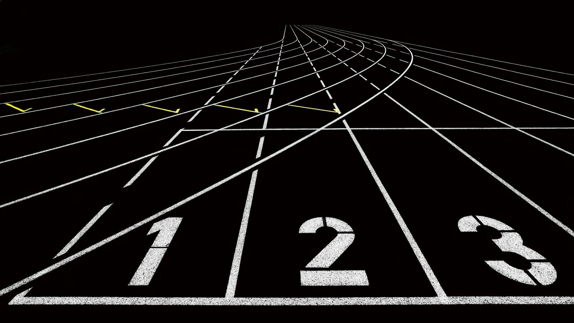 night, communication, nature, race tracks running, competition, white color, symbol, pattern, road, sign, creativity, 1080P, black background, vanishing point, HD Wallpaper