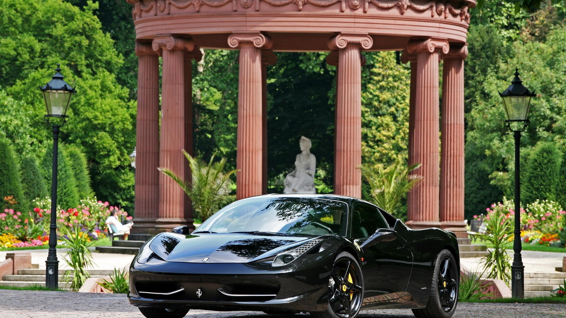 roman, black, ferrari, cars, park, statue, 1080P, HD Wallpaper