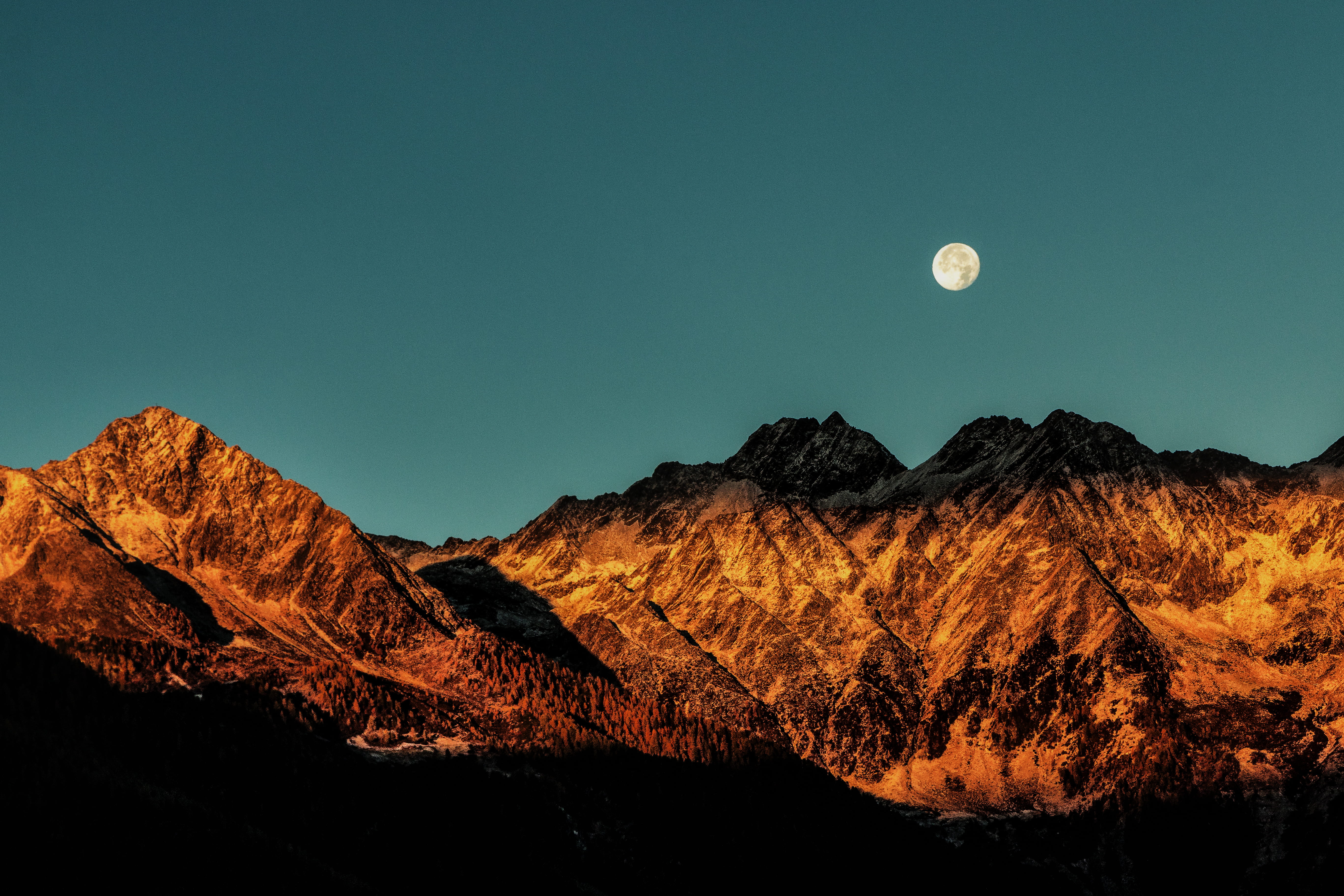 dusk, mountain range, canyon, evening, solid, mountain, tranquil scene, silhouette, tranquility, dawn, 5K, mountain peak, full moon, travel, grand, non-urban scene, HD Wallpaper