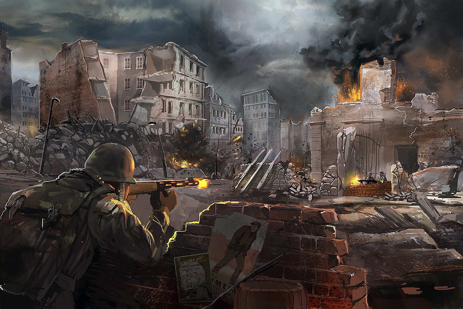 entertainment, cities, soldiers, weapons, flames, destruction, rifles, video games, call of duty, games, fire, people, 1080P, military, guns, HD Wallpaper