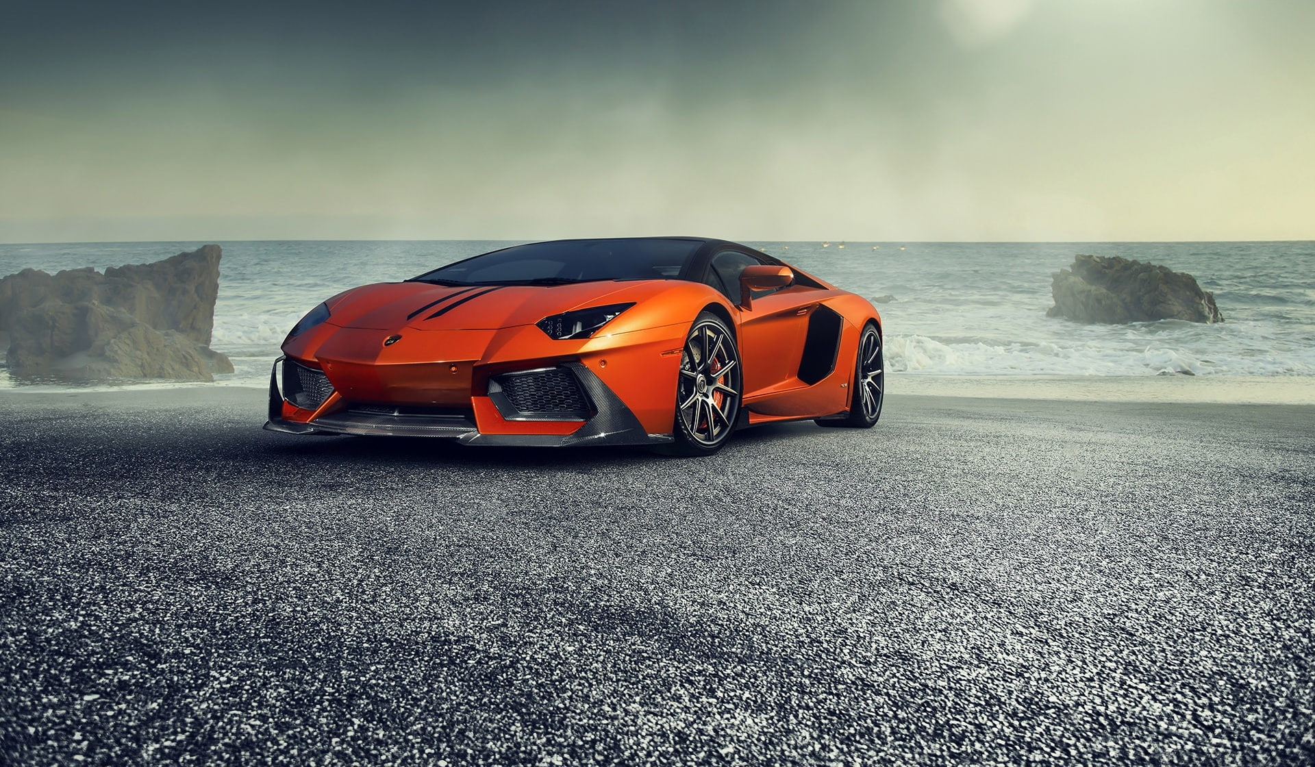 Sea, Orange, Lamborghini, Zaragoza, Front, Aventador-V, Supercar, 1080P, LP740-4, Vorsteiner, HD Wallpaper