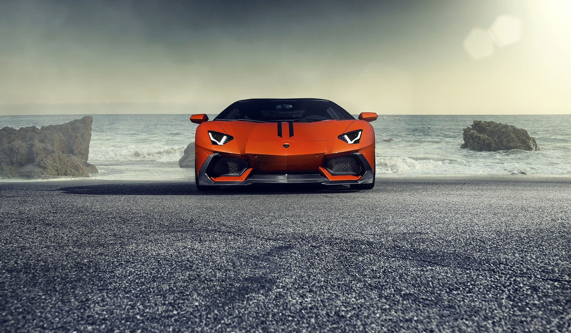 Zaragoza, 1080P, coupe, Aventador-V, Front, LP740-4, red, Orange, Supercar, Vorsteiner, Lamborghini, Sun, aventador, Sea, HD Wallpaper