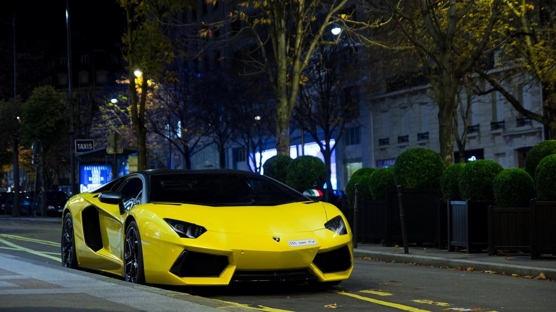 france, 1080P, yellow lamborghini, lamborghini, night, lp, yellow, paris, lp700-4, HD Wallpaper