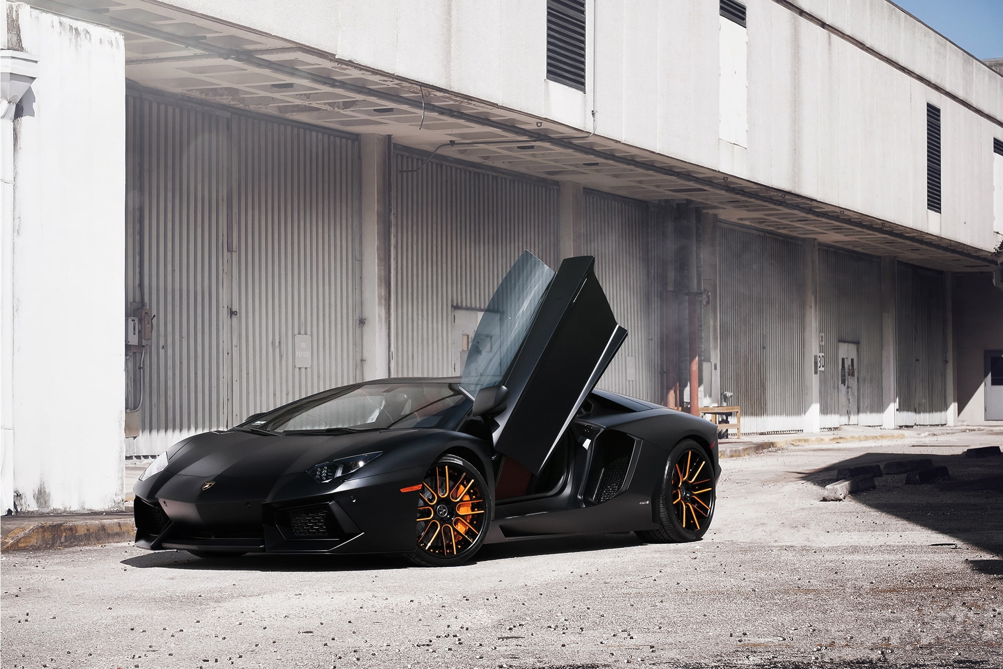 guillotine, lp700-4, black, Lamborghini, 1080P, door, front view, aventador, the building, HD Wallpaper