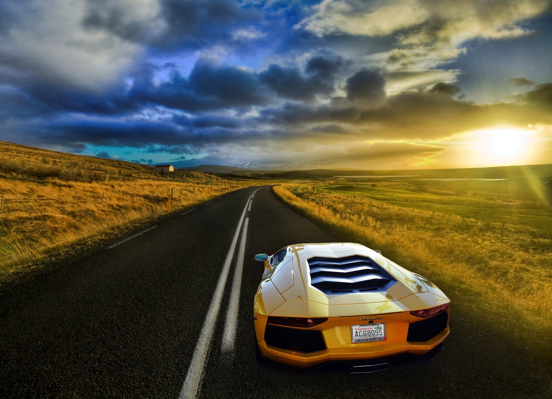yellow, land vehicle, the sky, 1080P, cloud - sky, field, symbol, sunset, sunlight, motor vehicle, environment, LB834, land, landscape, sky, no people, HD Wallpaper