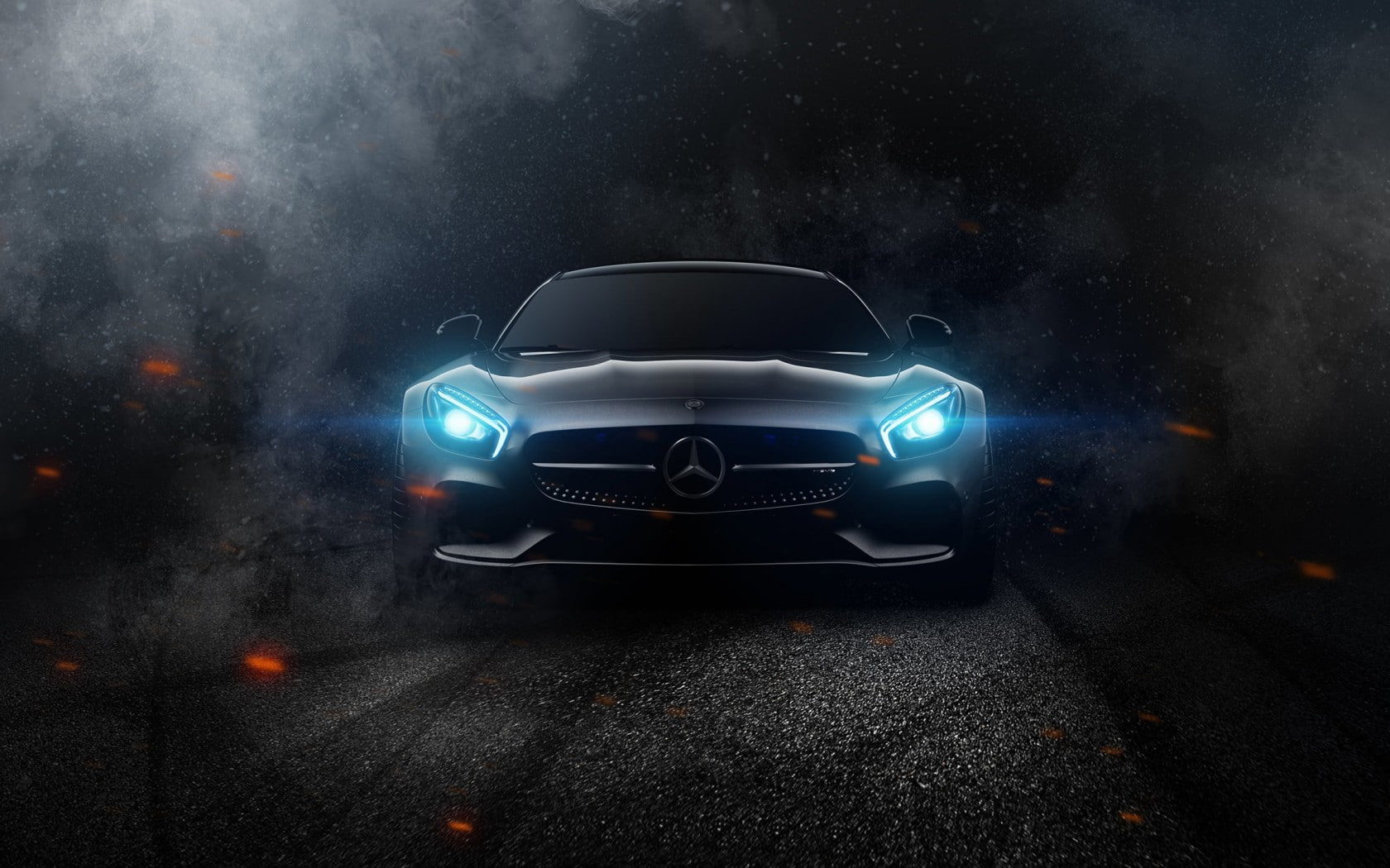 rain, transportation, fog, black background, 720P, no people, road, headlight, dark, motor vehicle, car, city, land vehicle, car mercedes benz mercedes amg mercedes amg gt, HD Wallpaper