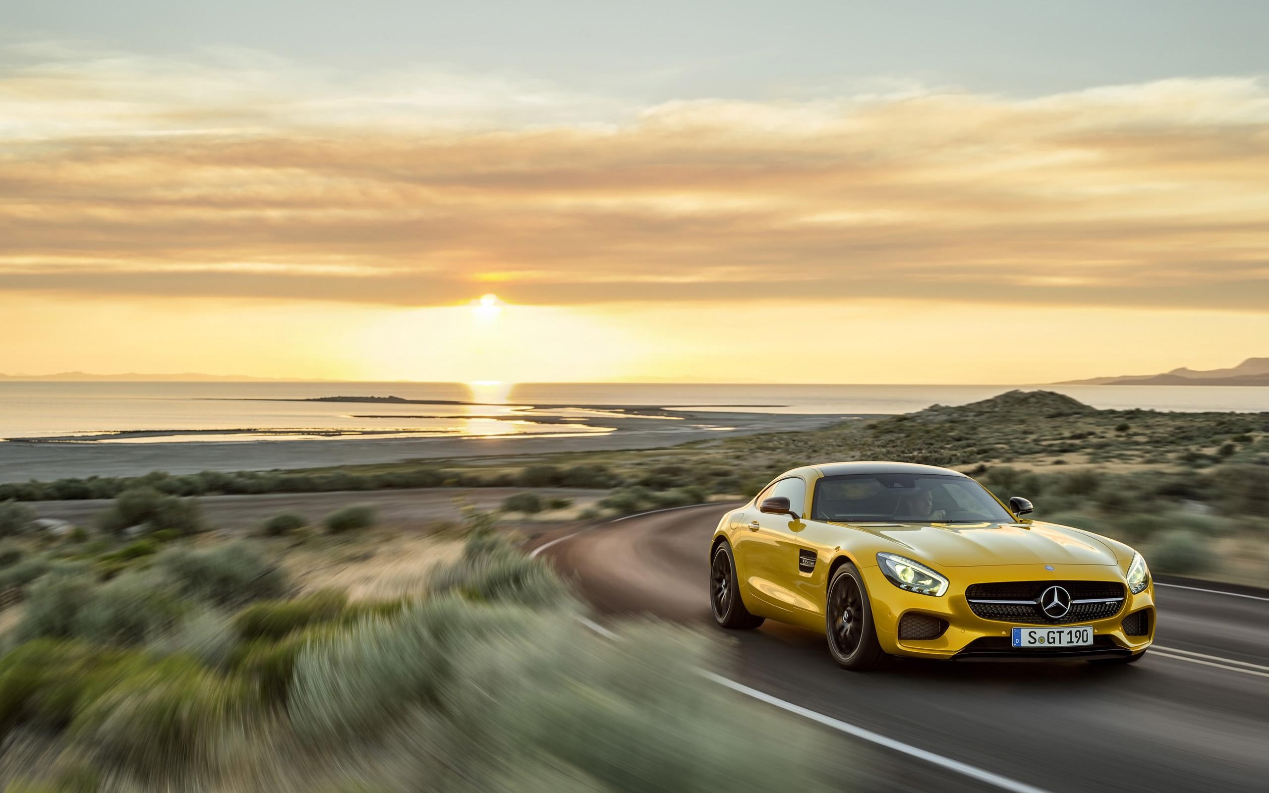 benz, yellow, mercedes benz, mercedes, cars, amg, sports, 2K, gt, coupe, 2015, HD Wallpaper