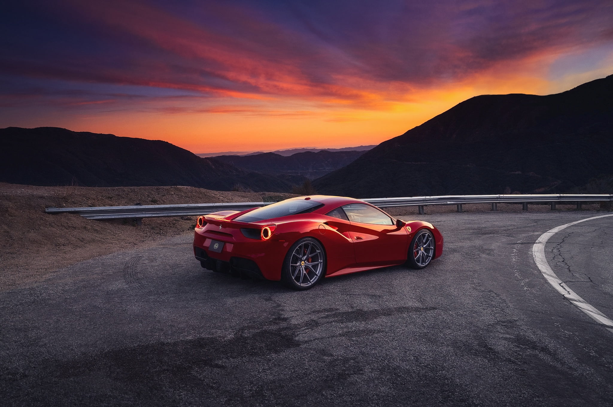 cloud - sky, sunset, mode of transportation, 1080P, coupe, nature, Ferrari, luxury, outdoors, purple, mountains, red, no people, the evening, motor vehicle, HD Wallpaper