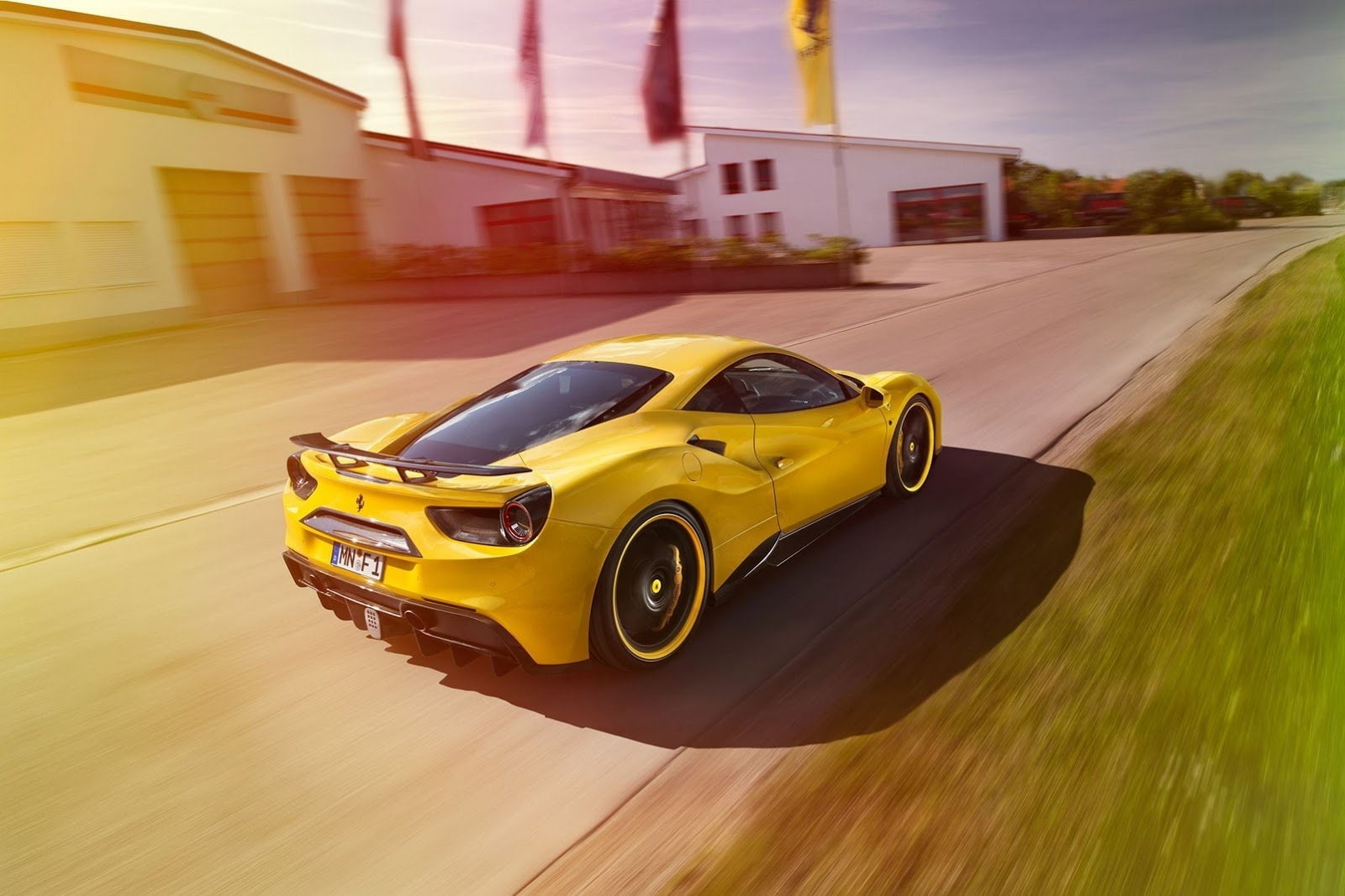 grass, no people, city, motion, blurred motion, sky, ferrari 488 gtb, sunlight, 720P, mode of transportation, building exterior, day, yellow, nature, car, HD Wallpaper