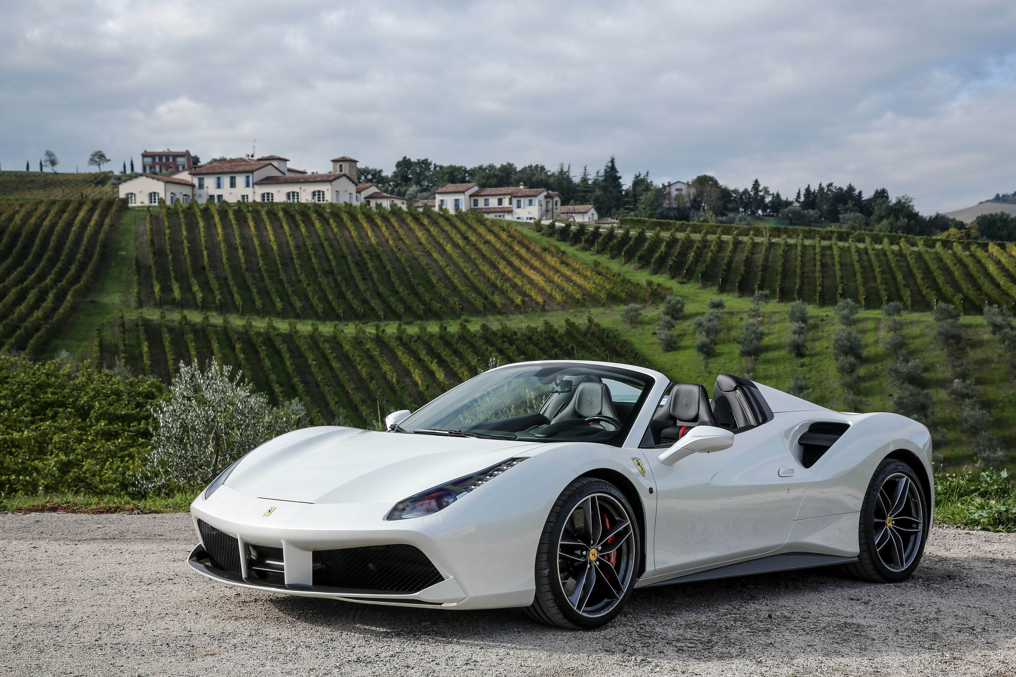 day, motor vehicle, plant, nature, architecture, land, building exterior, sport, 4K, outdoors, cloud - sky, no people, luxury, land vehicle, ferrari 488 spider, HD Wallpaper