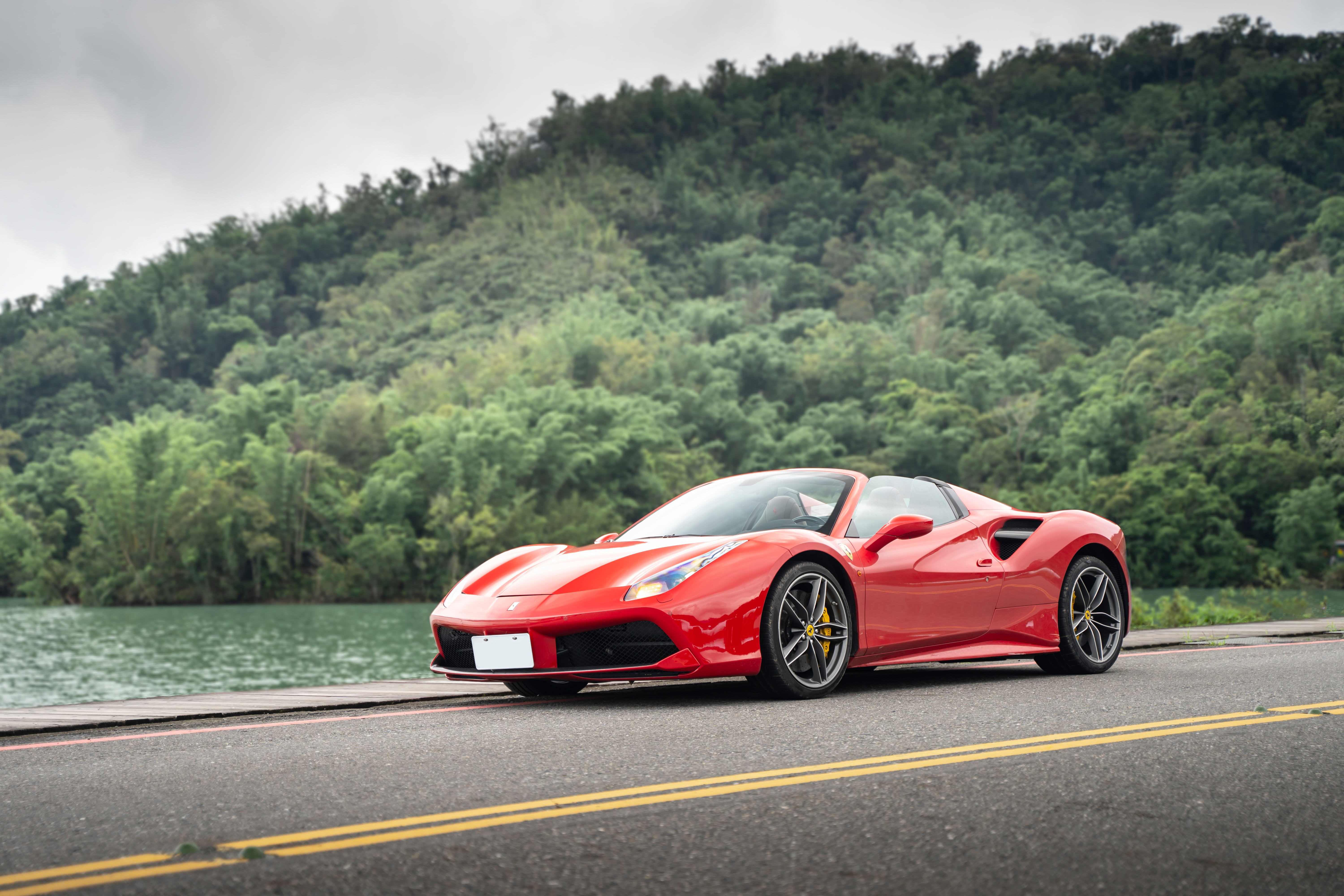 road, forest, 5K, red, Ferrari 488 Spider, sports car, HD Wallpaper