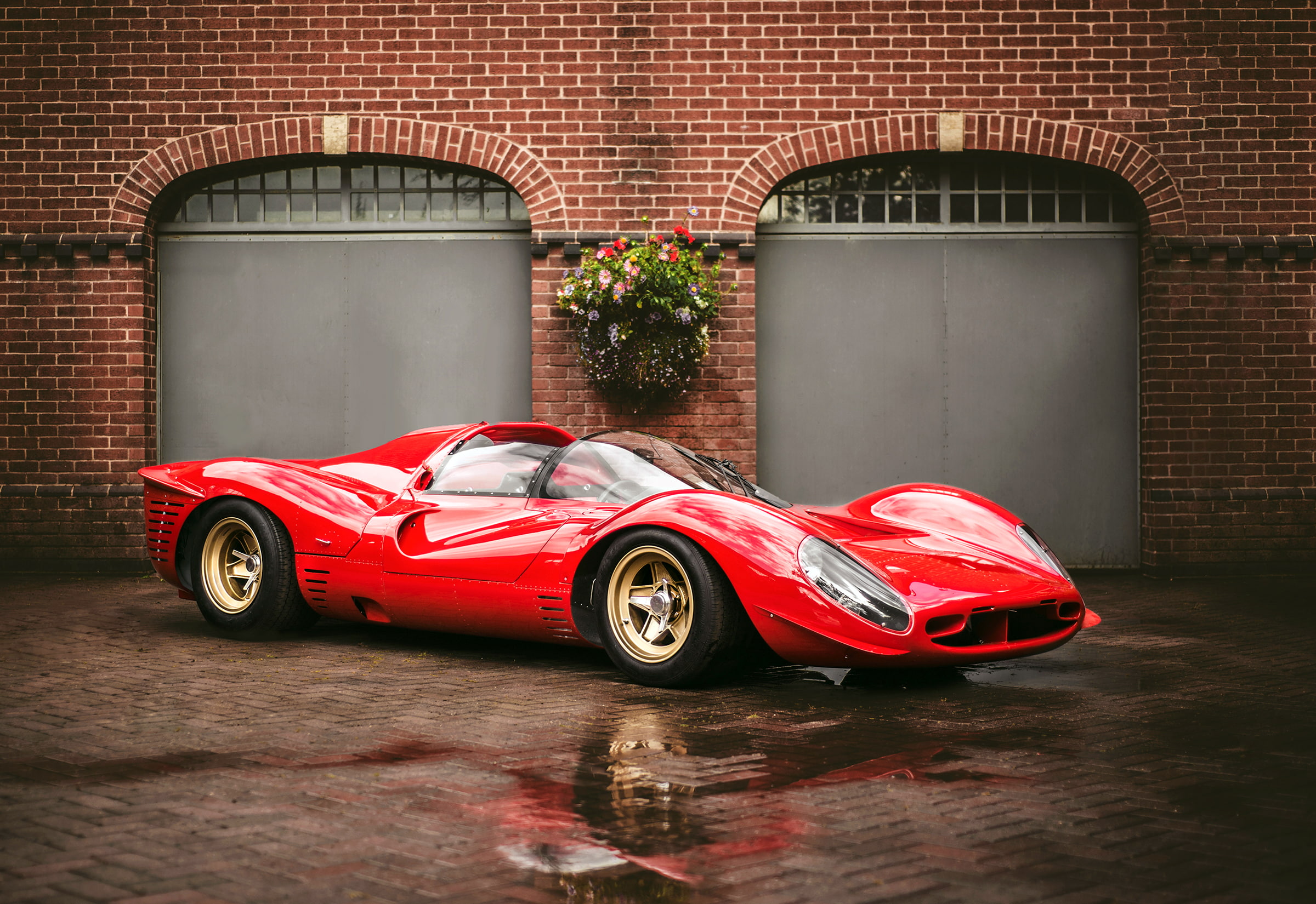 race, 1080P, transportation, day, 330, sports car, brick wall, 1967, no people, wealth, outdoors, luxury, classic, toy car, red, wall, architecture, city, HD Wallpaper