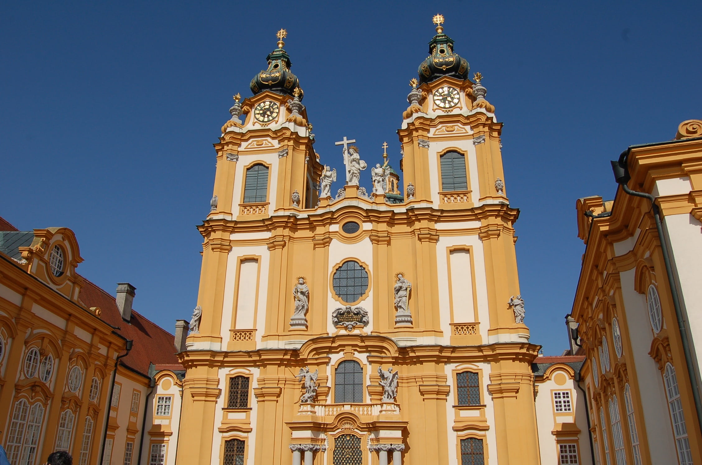 ornate, building exterior, sky, clear sky, city, blue, abbey, religion, melk, gothic style, nature, travel destinations, history, light, walls, no people, HD Wallpaper