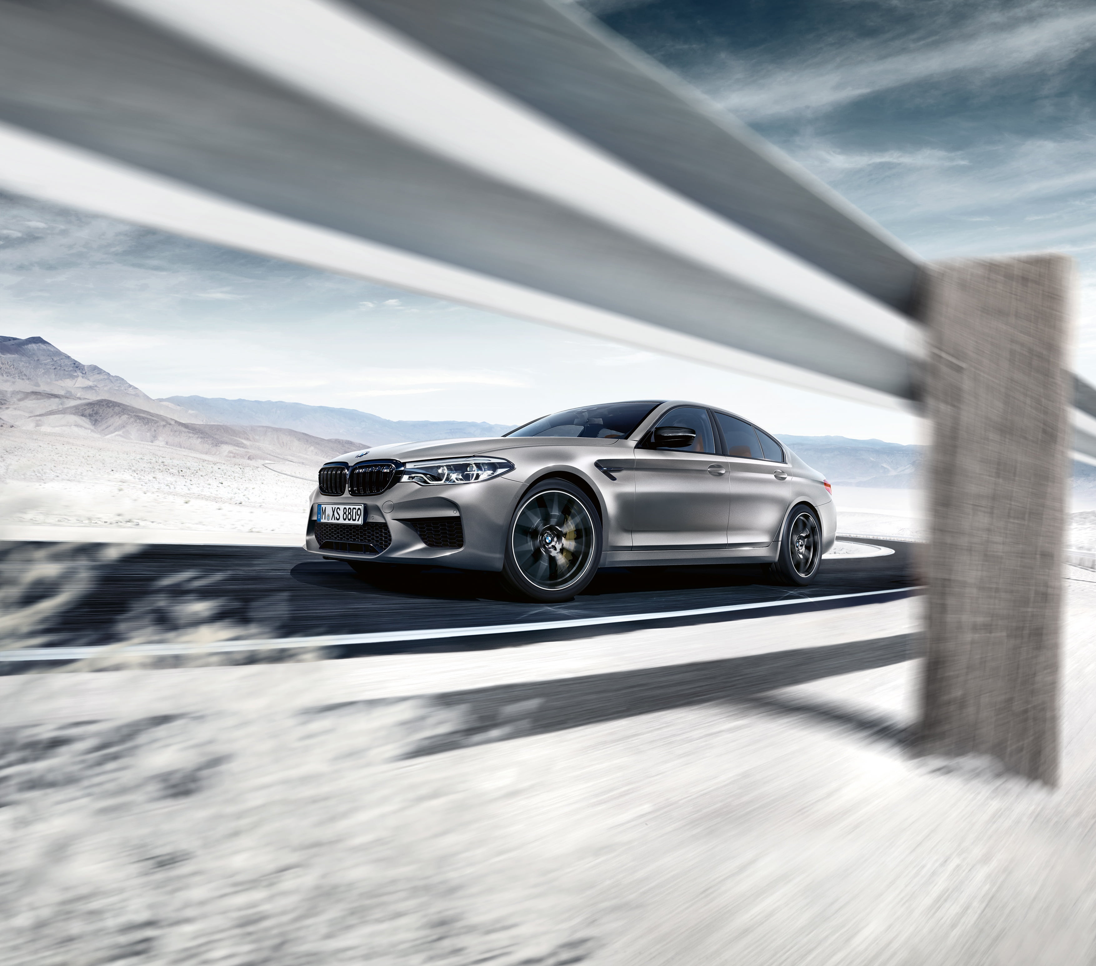 four-door, the sky, blur, F90, grey, M5, V8, clouds, 625 HP, sedan, mountains, 2018, the fence, M xDrive, 2K, M5 Competition, 4.4 L., BMW, hills, movement, HD Wallpaper