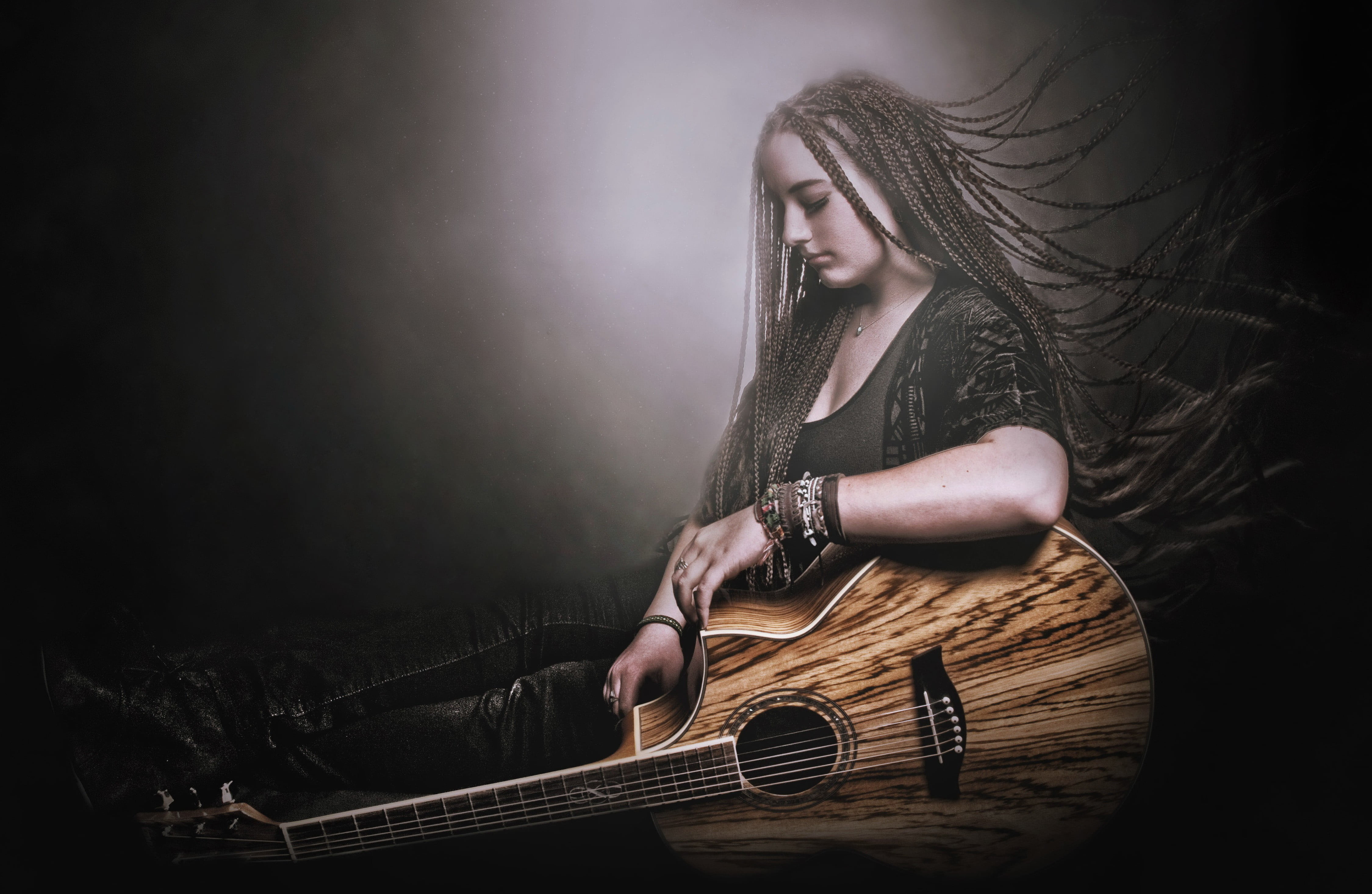 hairstyle, one person, acoustic guitar, 4K, women, hair, musician, indoors, long hair, arts culture and entertainment, musical equipment, young adult, HD Wallpaper